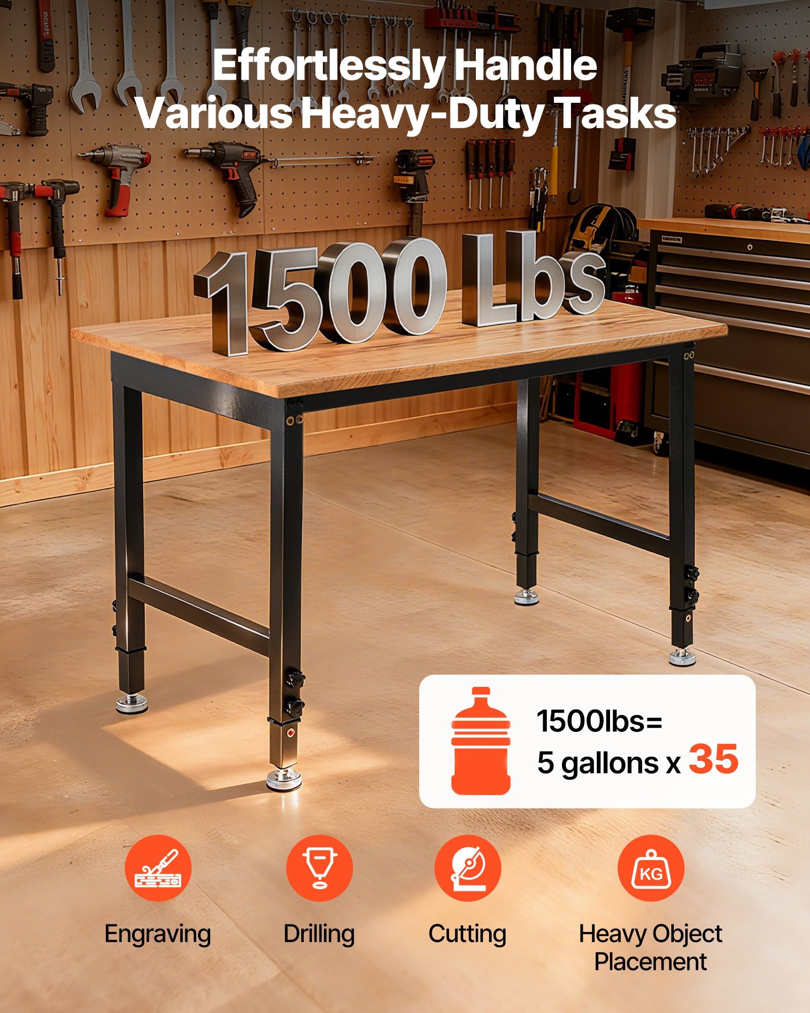Versatile Heavy-Duty Adjustable Workbench with Oak Wood Top, 1500 lbs Capacity, 48x24 Inch, Height Adjustable 26.3-40.2 Inch, Ideal for Garage, Workshop, Home, Office, and Commercial Use