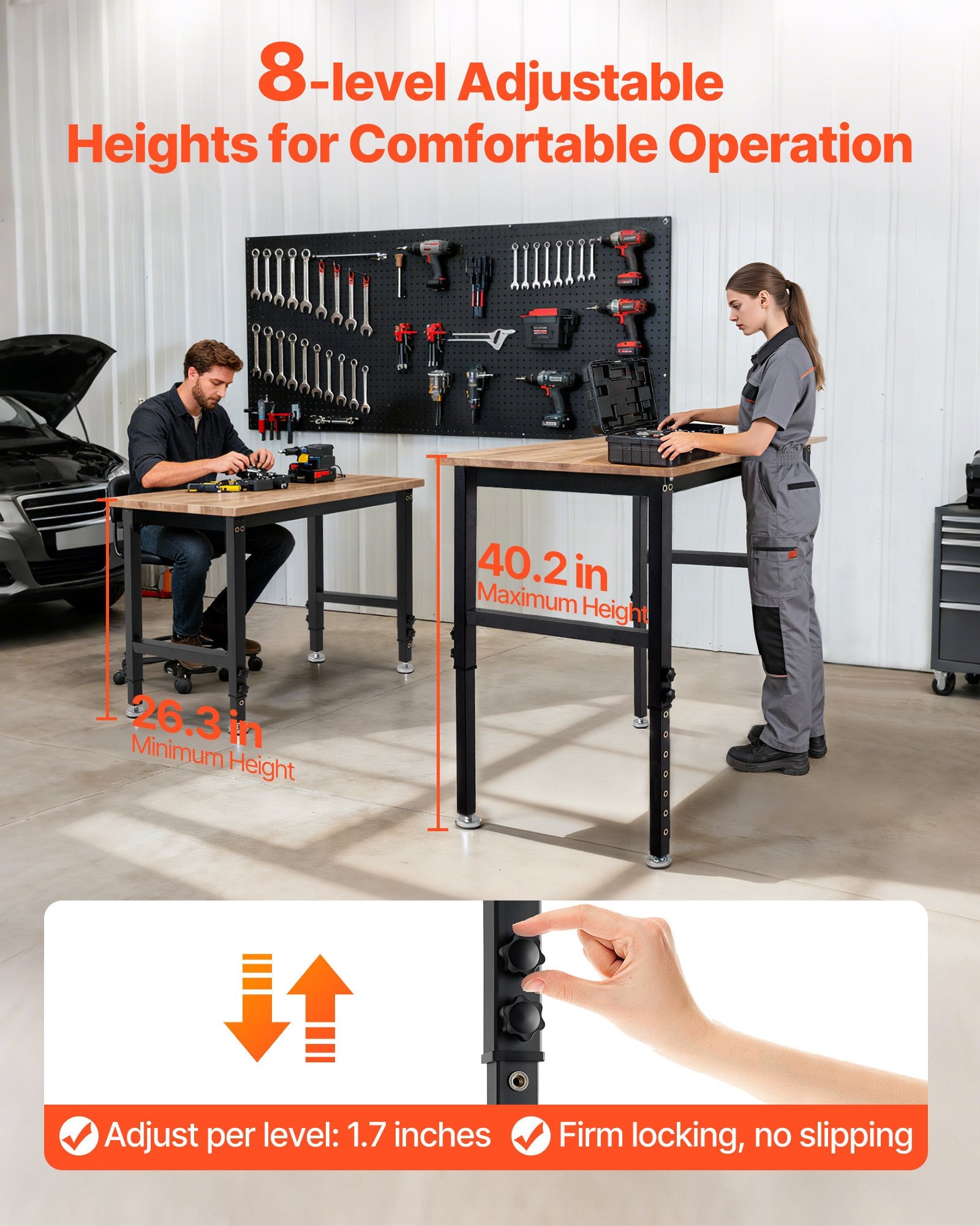 Versatile Heavy-Duty Adjustable Workbench with Oak Wood Top, 1500 lbs Capacity, 48x24 Inch, Height Adjustable 26.3-40.2 Inch, Ideal for Garage, Workshop, Home, Office, and Commercial Use
