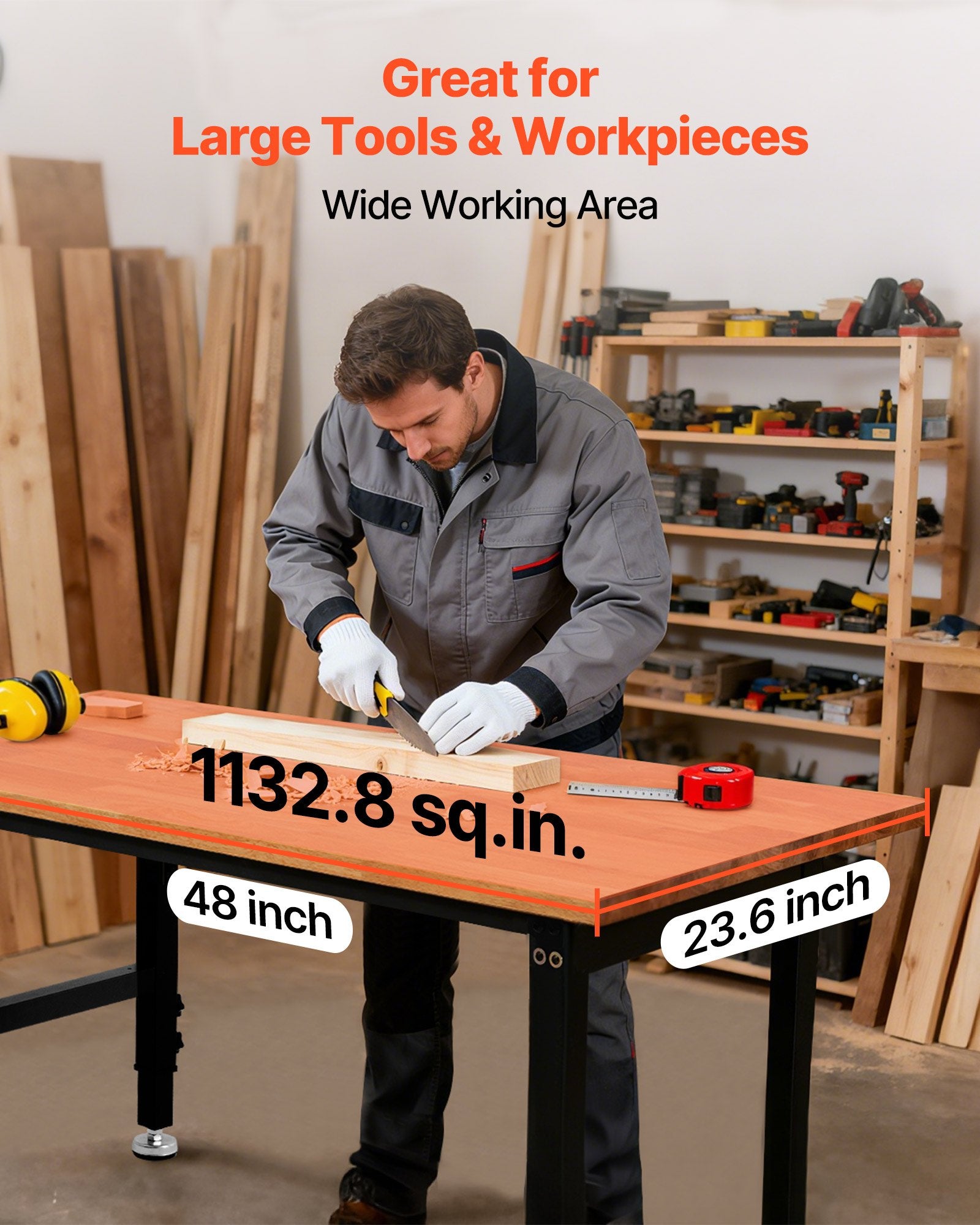 Versatile Heavy-Duty Adjustable Workbench with Oak Wood Top, 1500 lbs Capacity, 48x24 Inch, Height Adjustable 26.3-40.2 Inch, Ideal for Garage, Workshop, Home, Office, and Commercial Use
