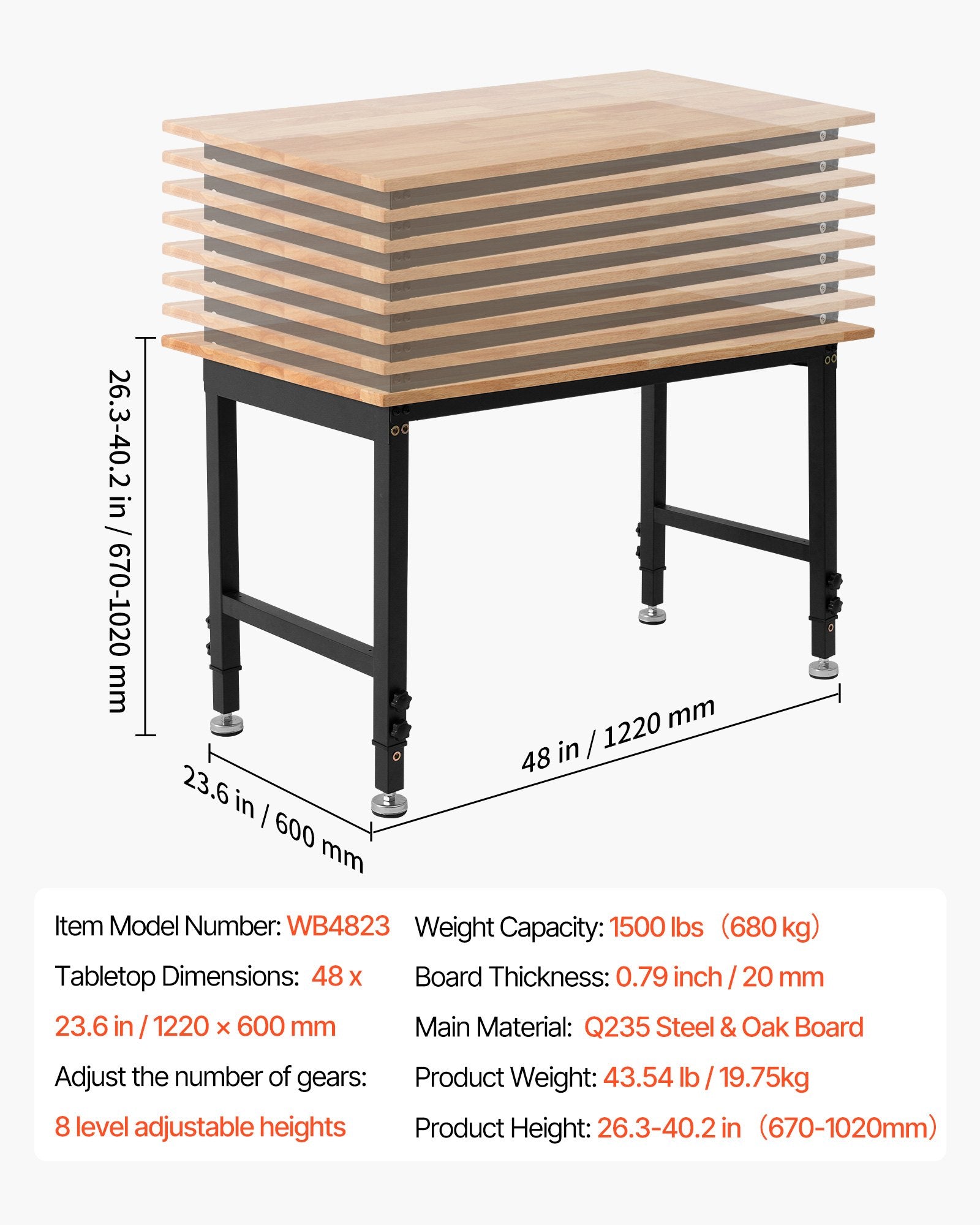 Versatile Heavy-Duty Adjustable Workbench with Oak Wood Top, 1500 lbs Capacity, 48x24 Inch, Height Adjustable 26.3-40.2 Inch, Ideal for Garage, Workshop, Home, Office, and Commercial Use