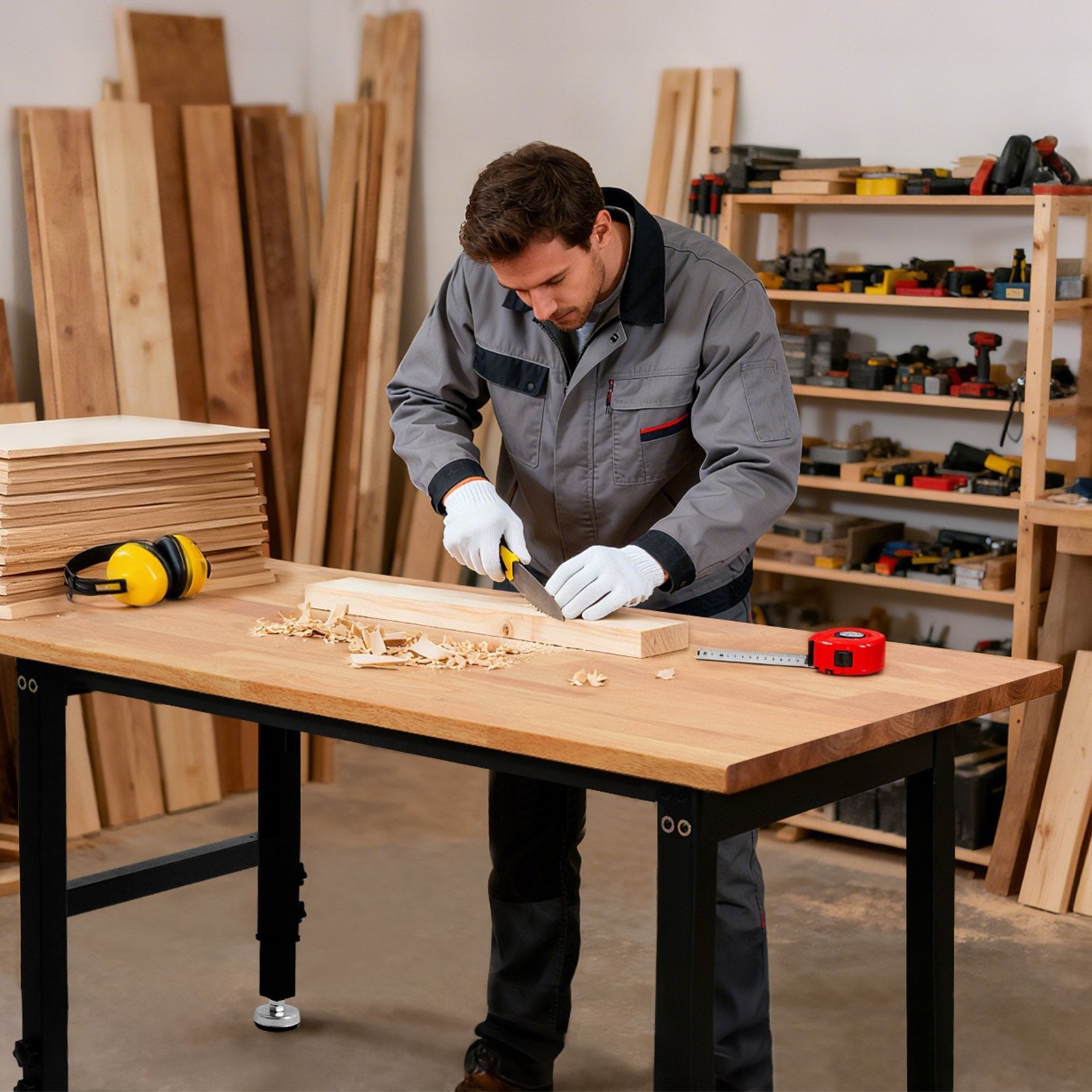 Versatile Heavy-Duty Adjustable Workbench with Oak Wood Top, 1500 lbs Capacity, 48x24 Inch, Height Adjustable 26.3-40.2 Inch, Ideal for Garage, Workshop, Home, Office, and Commercial Use