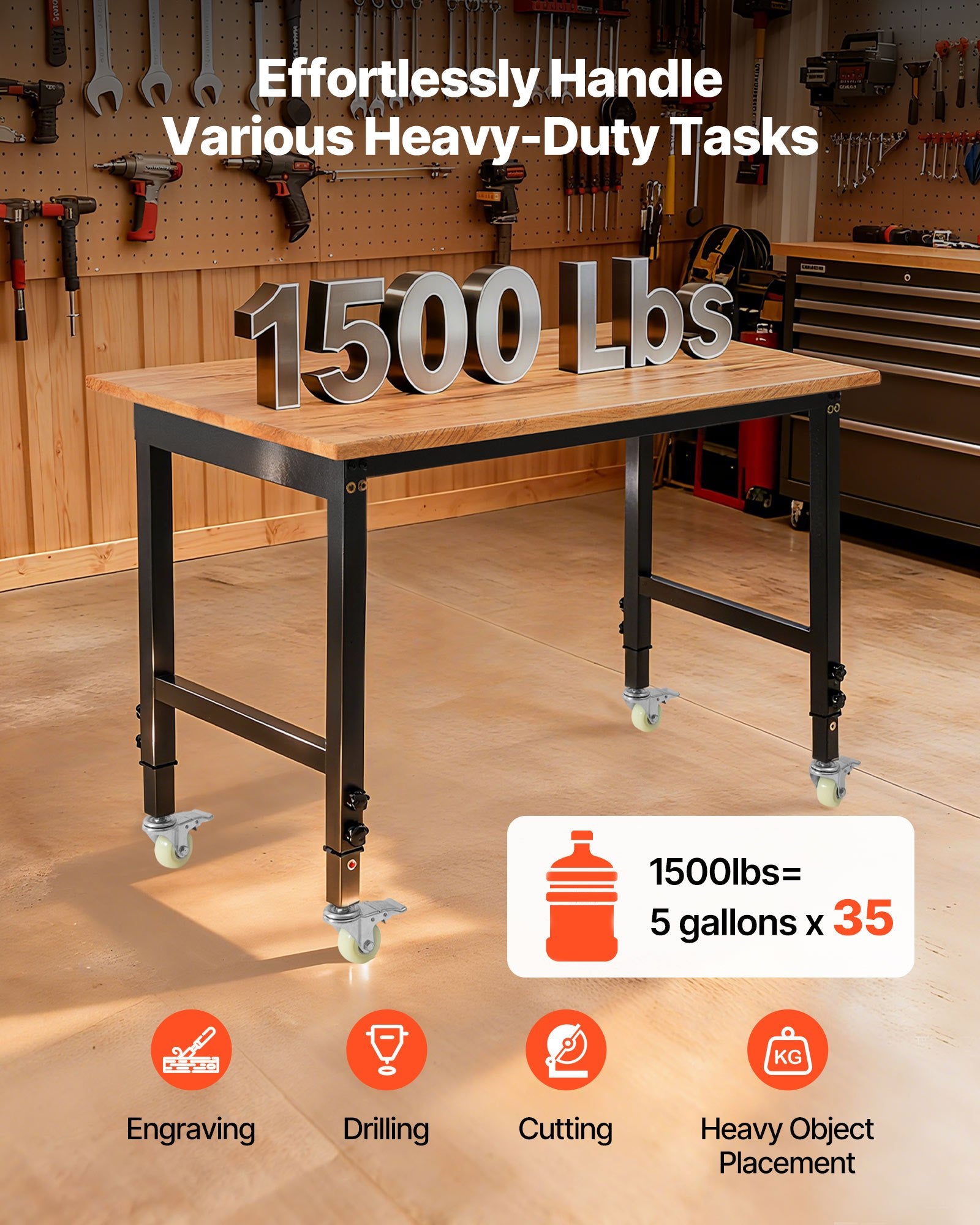 Mobile Adjustable Workbench with Oak Wood Top, 1500 lbs Capacity, 28.5-42.3 Inch Height, Heavy-Duty for Garage, Workshop, Home, and Office Use