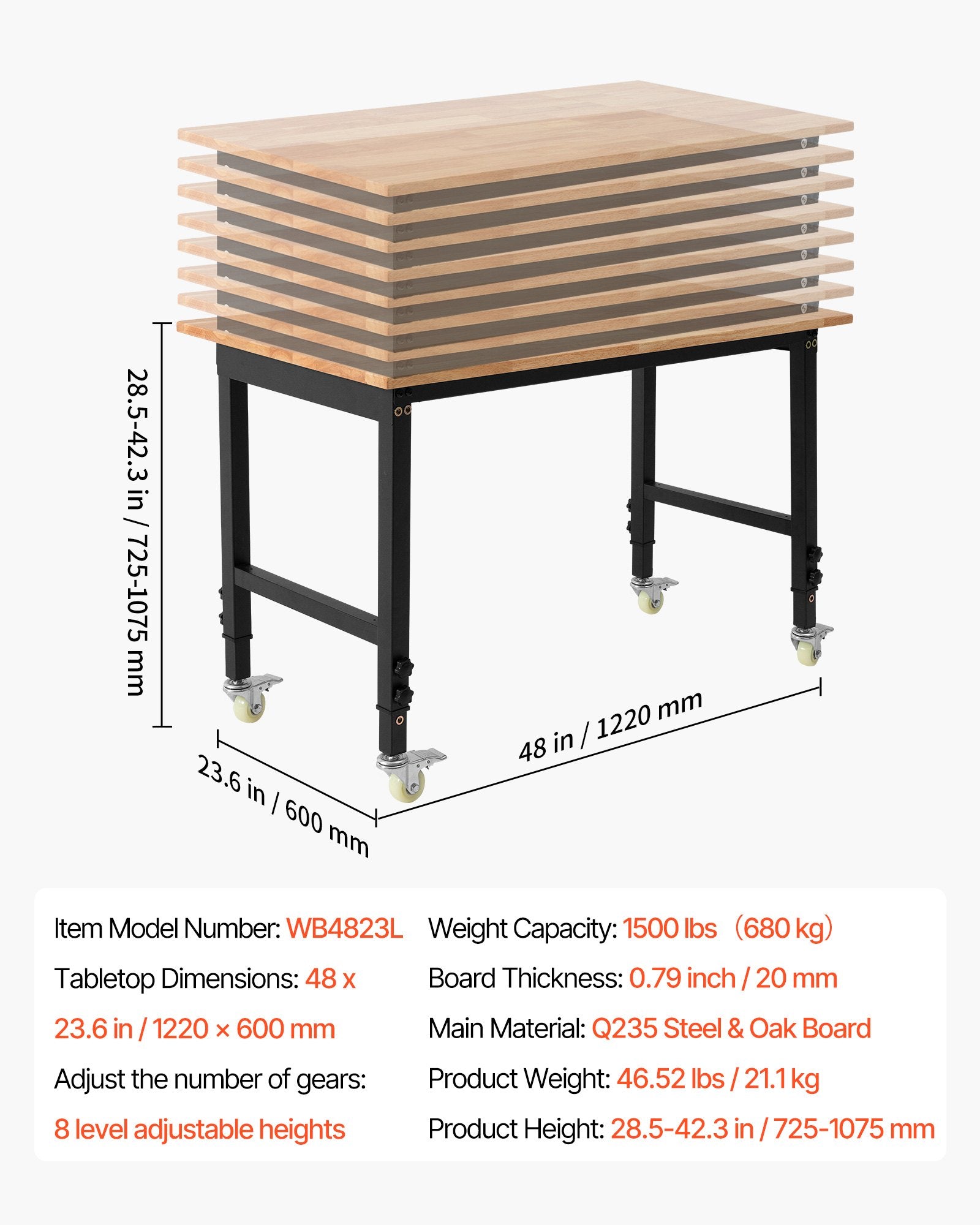 Mobile Adjustable Workbench with Oak Wood Top, 1500 lbs Capacity, 28.5-42.3 Inch Height, Heavy-Duty for Garage, Workshop, Home, and Office Use