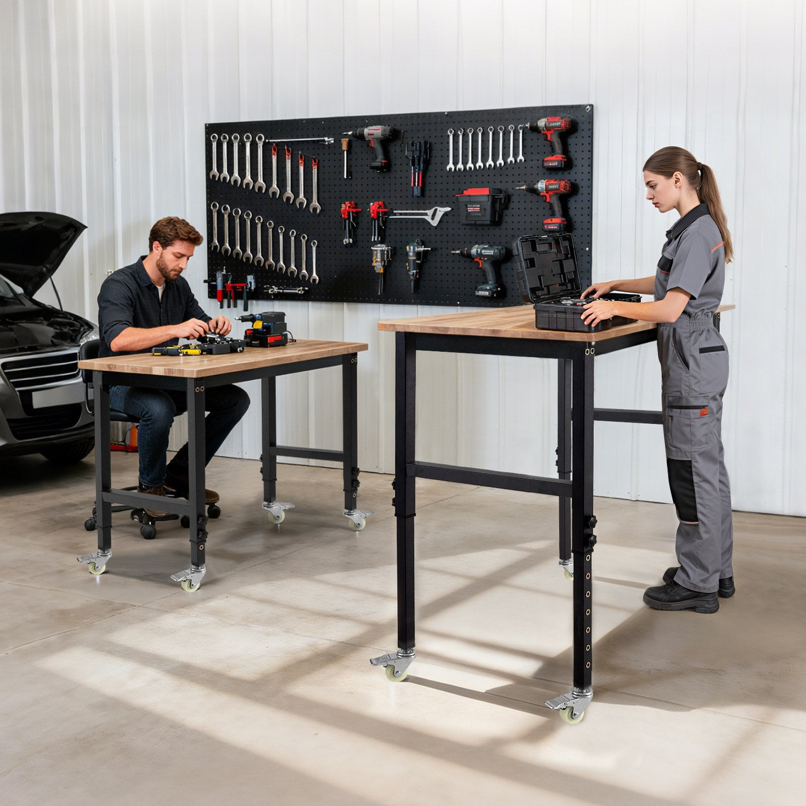 Mobile Adjustable Workbench with Oak Wood Top, 1500 lbs Capacity, 28.5-42.3 Inch Height, Heavy-Duty for Garage, Workshop, Home, and Office Use