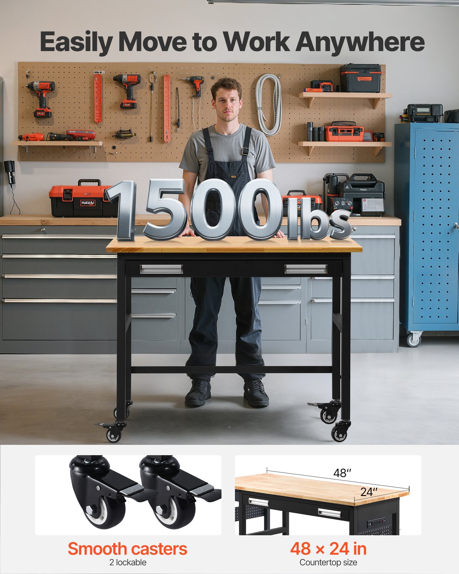48" Heavy Duty Workbench with Oak Wood Top, 1500 lbs Capacity, Drawer Storage, Swivel Wheels for Garage, Workshop, Office, Home Use