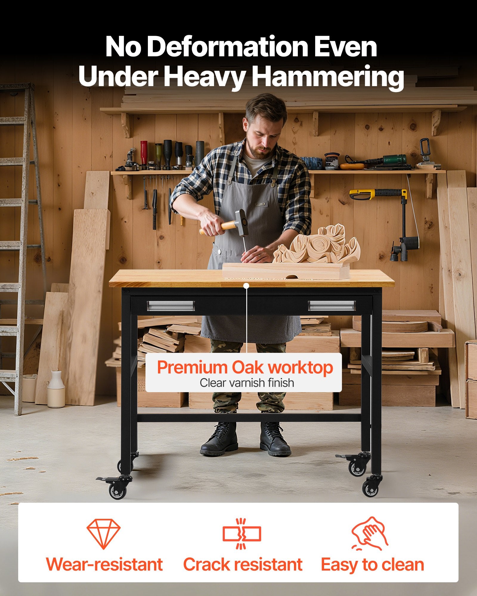 48" Heavy Duty Workbench with Oak Wood Top, 1500 lbs Capacity, Drawer Storage, Swivel Wheels for Garage, Workshop, Office, Home Use