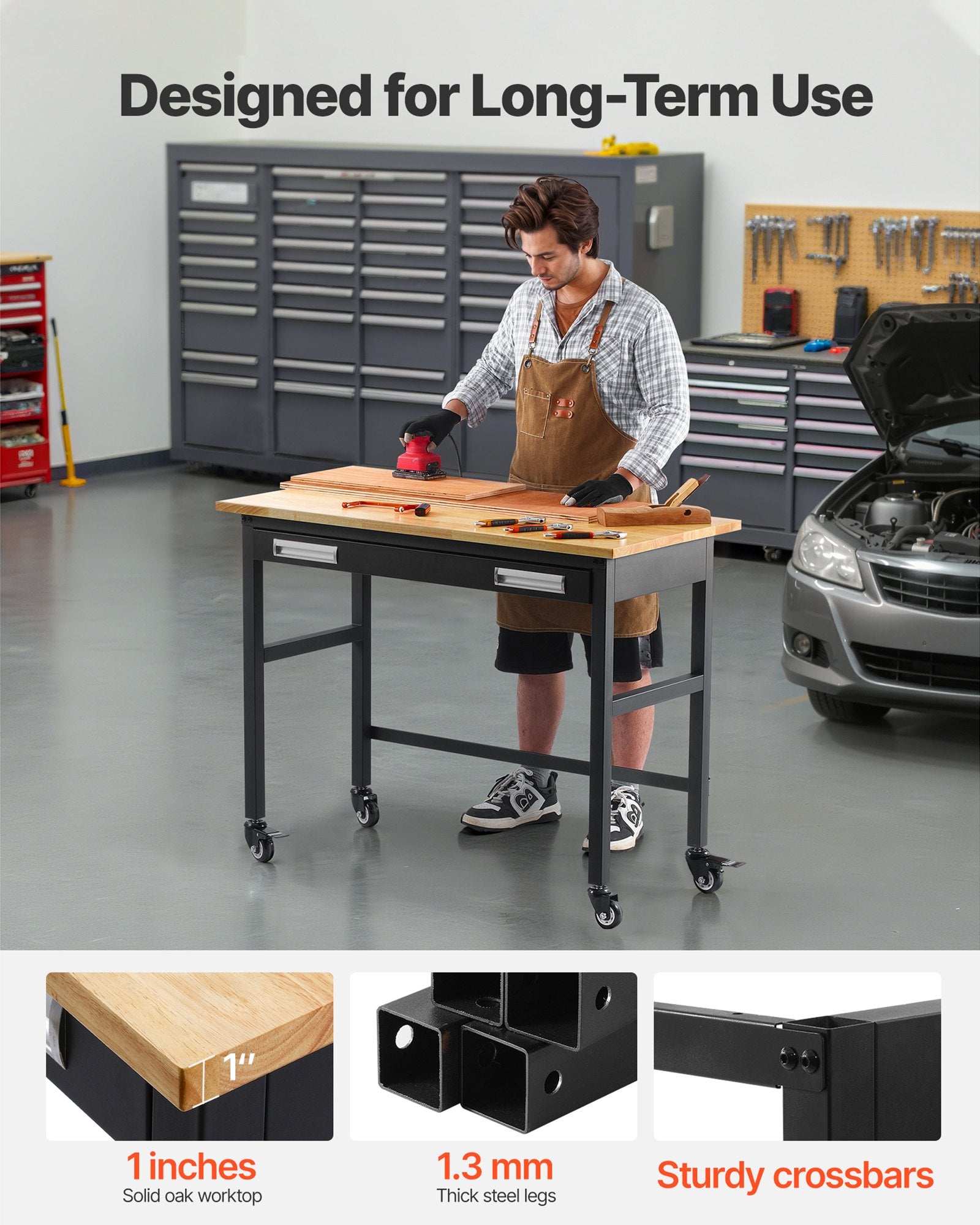 48" Heavy Duty Workbench with Oak Wood Top, 1500 lbs Capacity, Drawer Storage, Swivel Wheels for Garage, Workshop, Office, Home Use