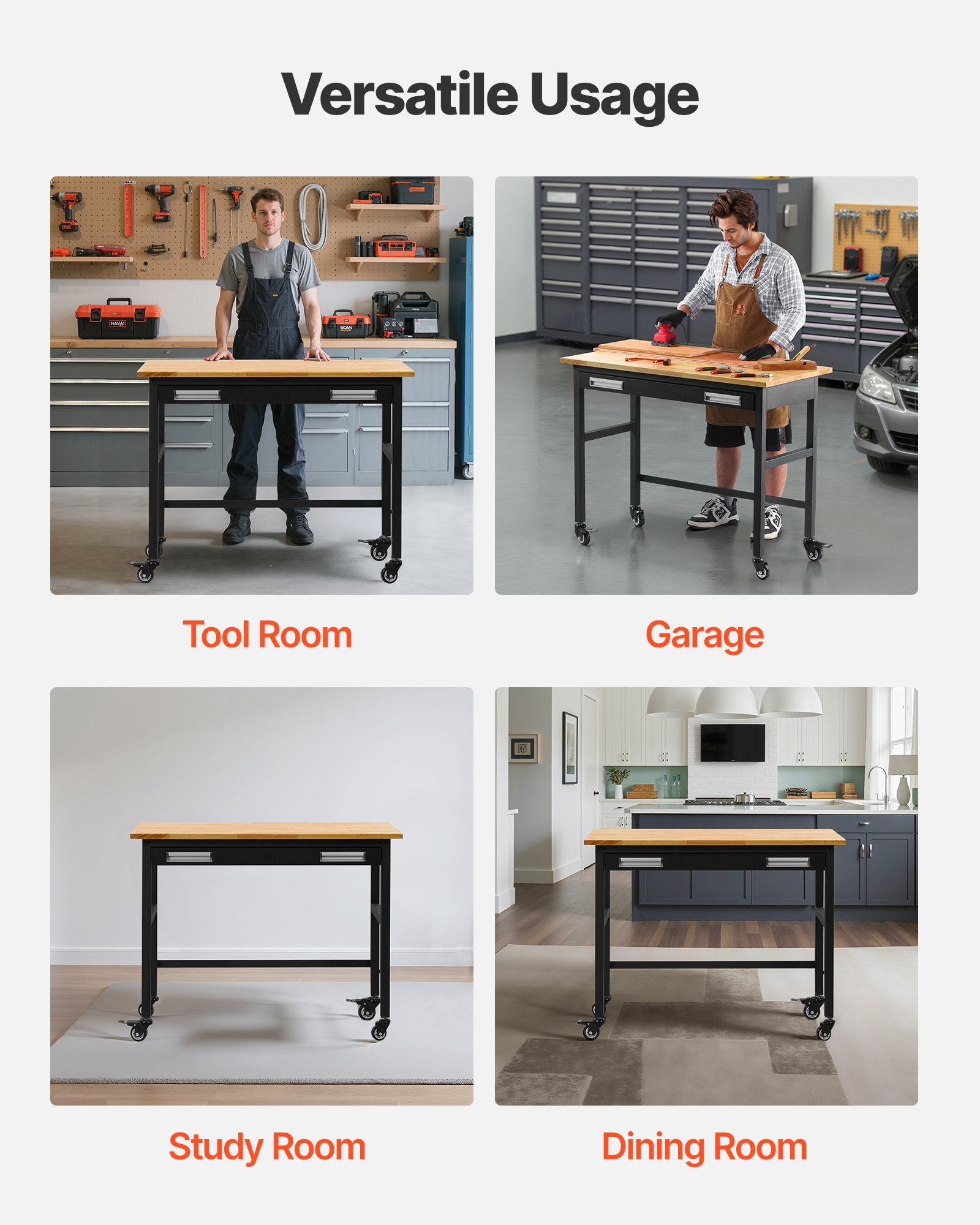 48" Heavy Duty Workbench with Oak Wood Top, 1500 lbs Capacity, Drawer Storage, Swivel Wheels for Garage, Workshop, Office, Home Use