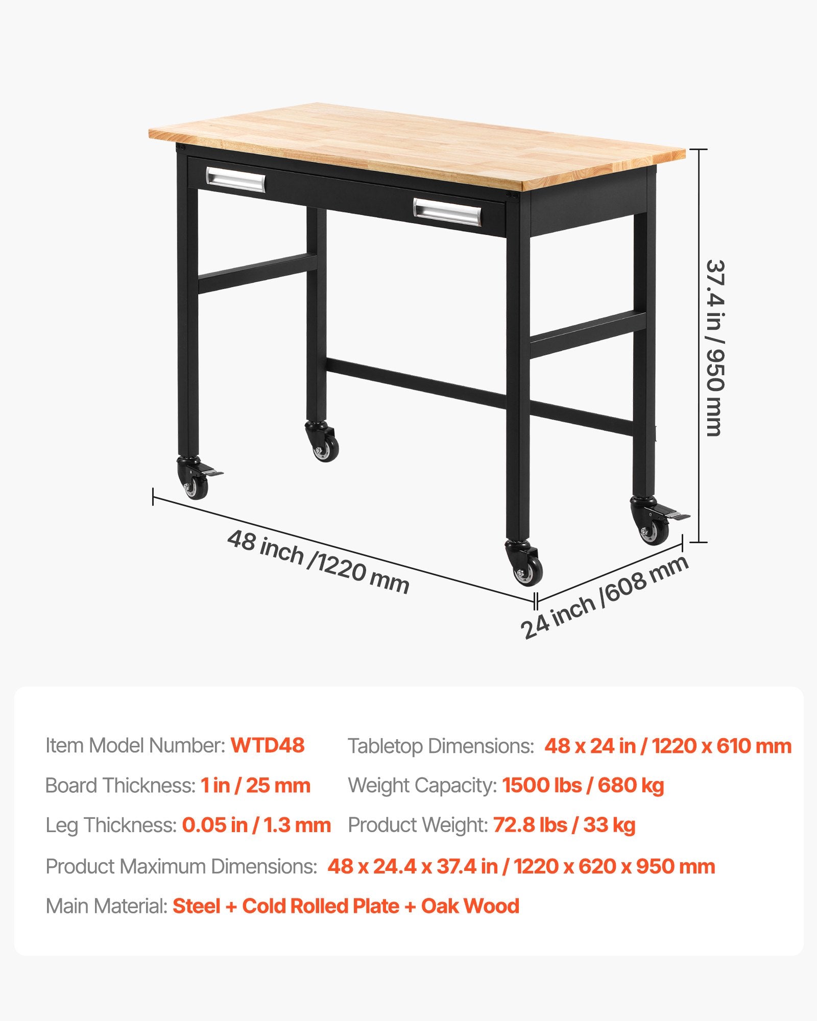 48" Heavy Duty Workbench with Oak Wood Top, 1500 lbs Capacity, Drawer Storage, Swivel Wheels for Garage, Workshop, Office, Home Use