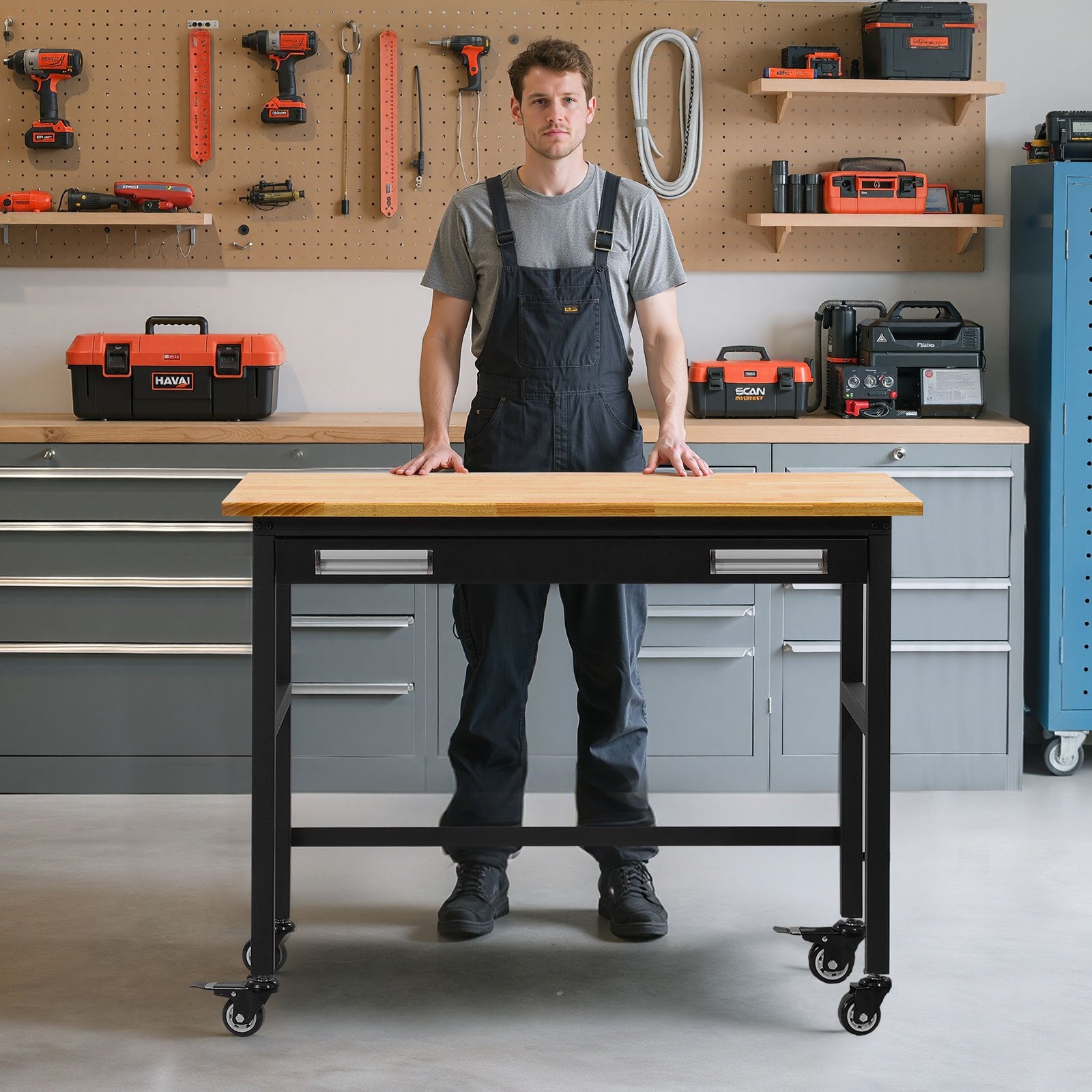 48" Heavy Duty Workbench with Oak Wood Top, 1500 lbs Capacity, Drawer Storage, Swivel Wheels for Garage, Workshop, Office, Home Use