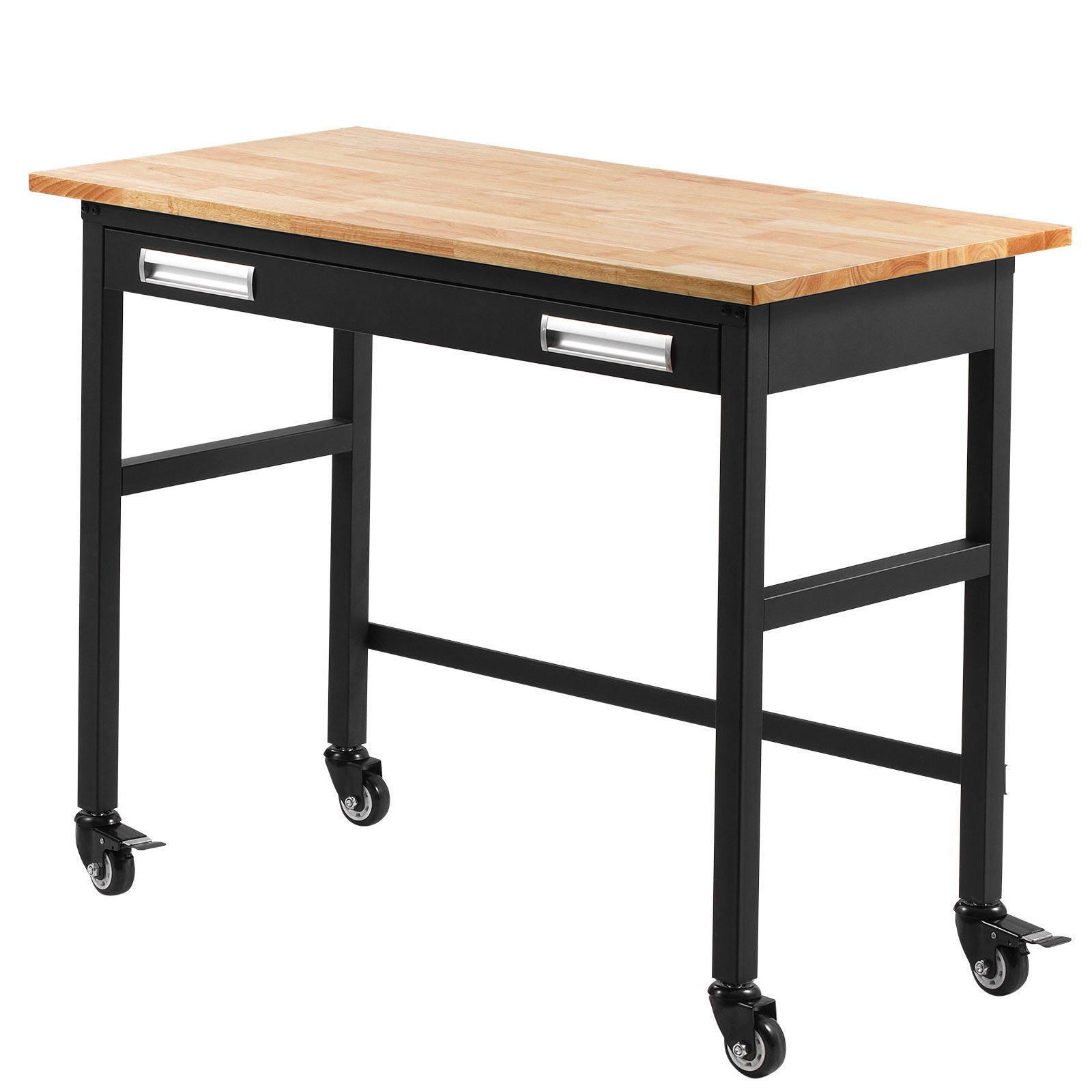 48" Heavy Duty Workbench with Oak Wood Top, 1500 lbs Capacity, Drawer Storage, Swivel Wheels for Garage, Workshop, Office, Home Use