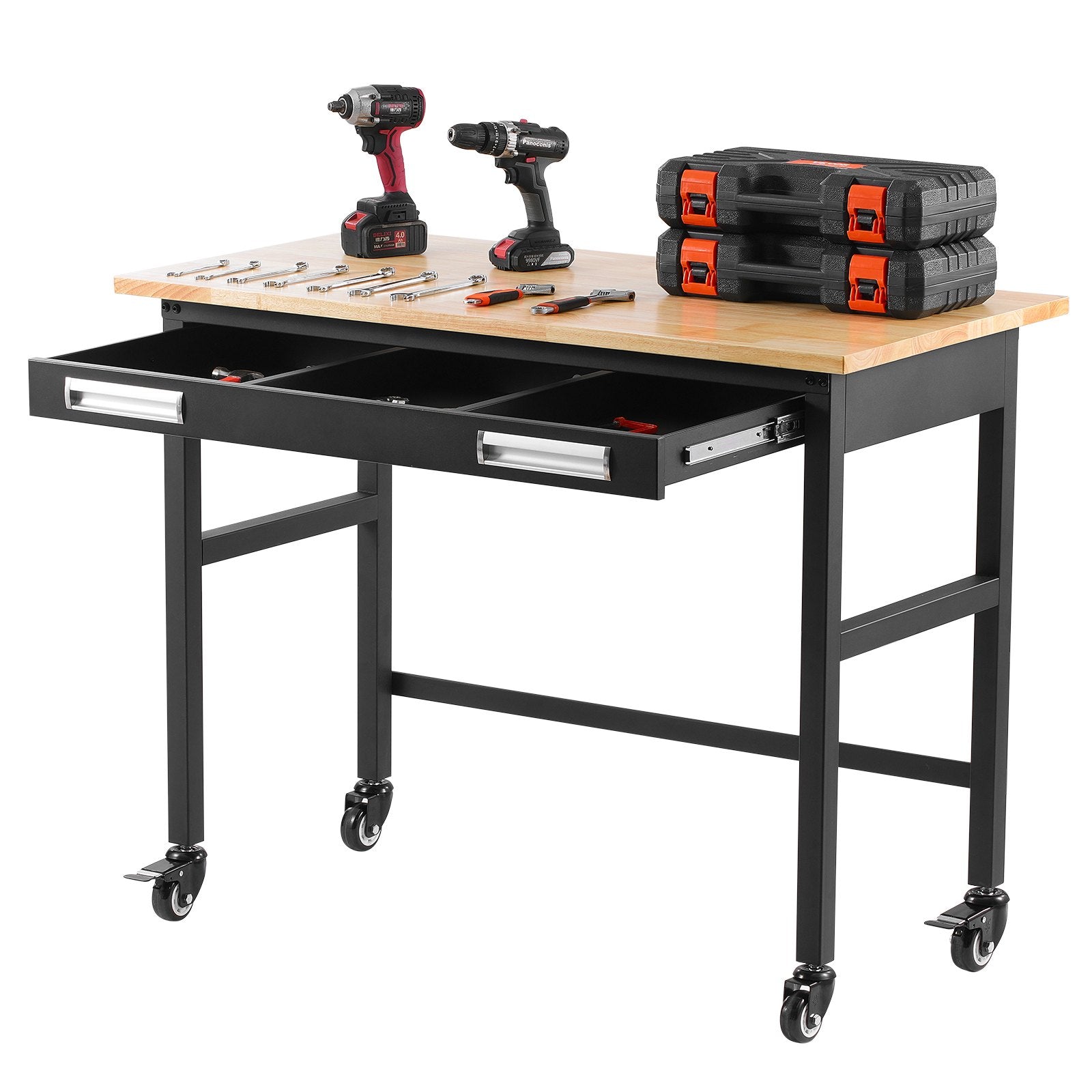 48" Heavy Duty Workbench with Oak Wood Top, 1500 lbs Capacity, Drawer Storage, Swivel Wheels for Garage, Workshop, Office, Home Use