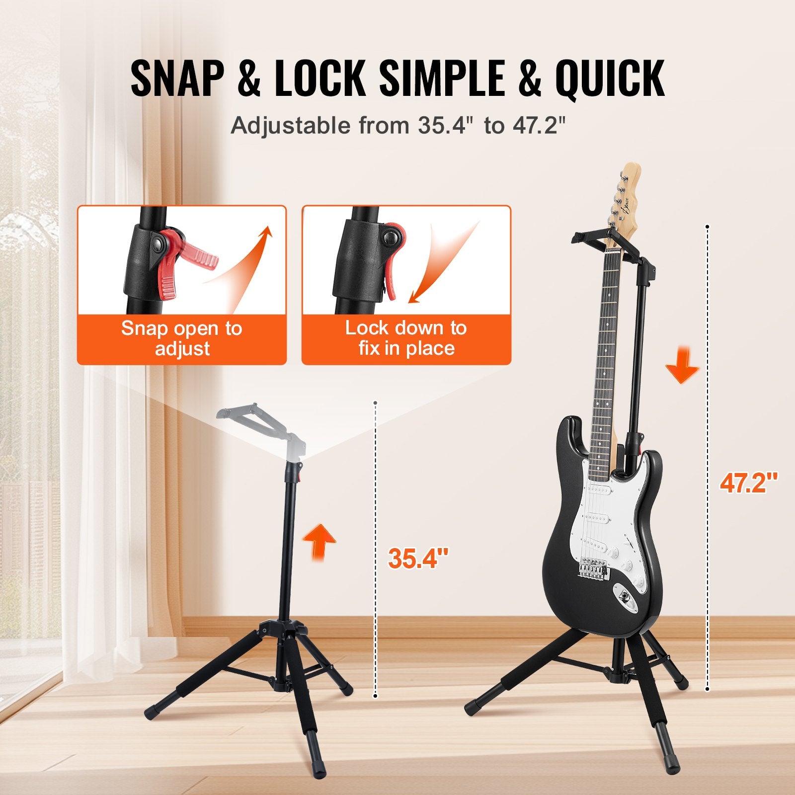 Adjustable Tripod Guitar Stand, 33 lbs Load, Foldable Rack for Acoustic, Electric, Classical & Bass Guitars, 35.4-47.2 in Height Range