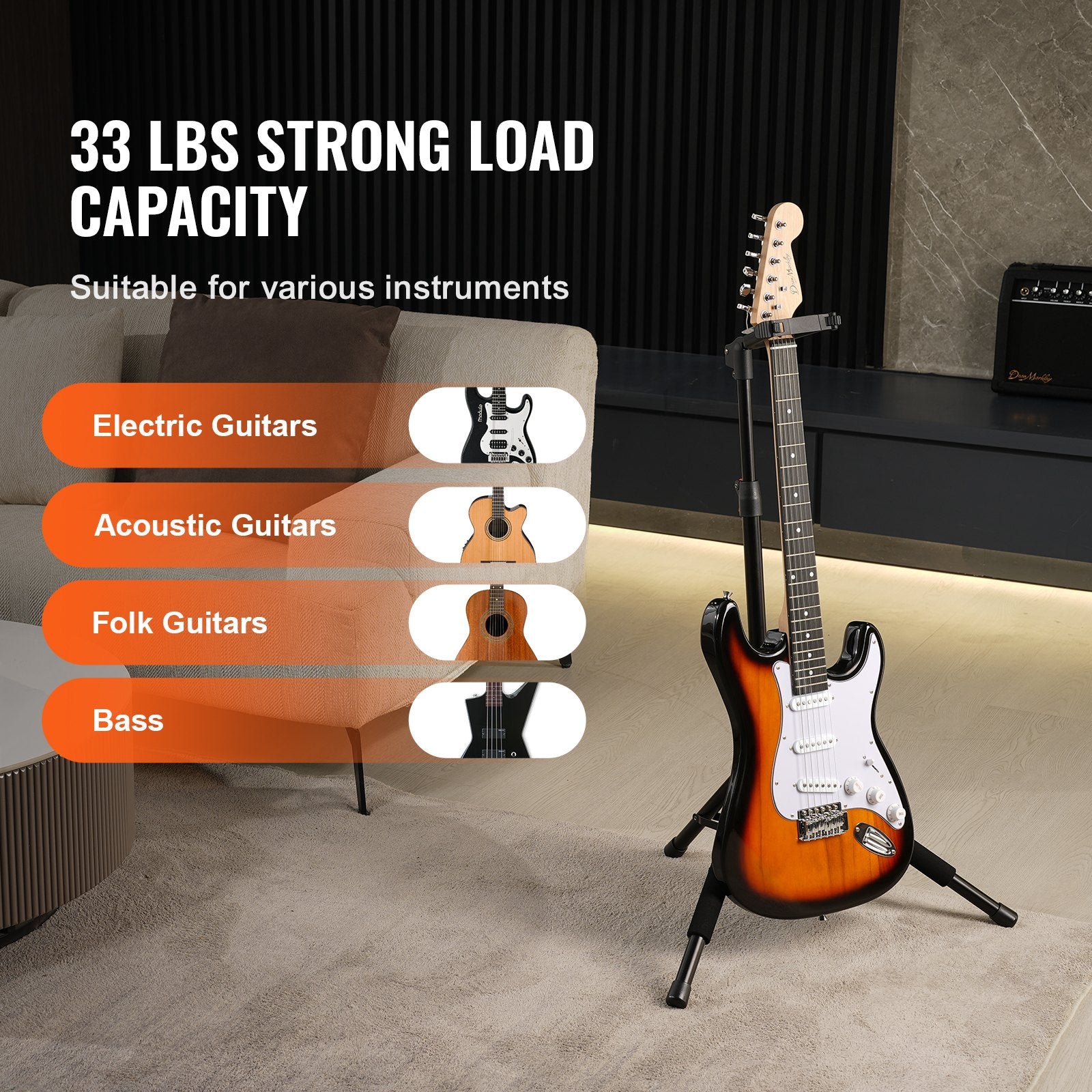 Adjustable Tripod Guitar Stand, 33 lbs Load, Foldable Rack for Acoustic, Electric, Classical & Bass Guitars, 35.4-47.2 in Height Range
