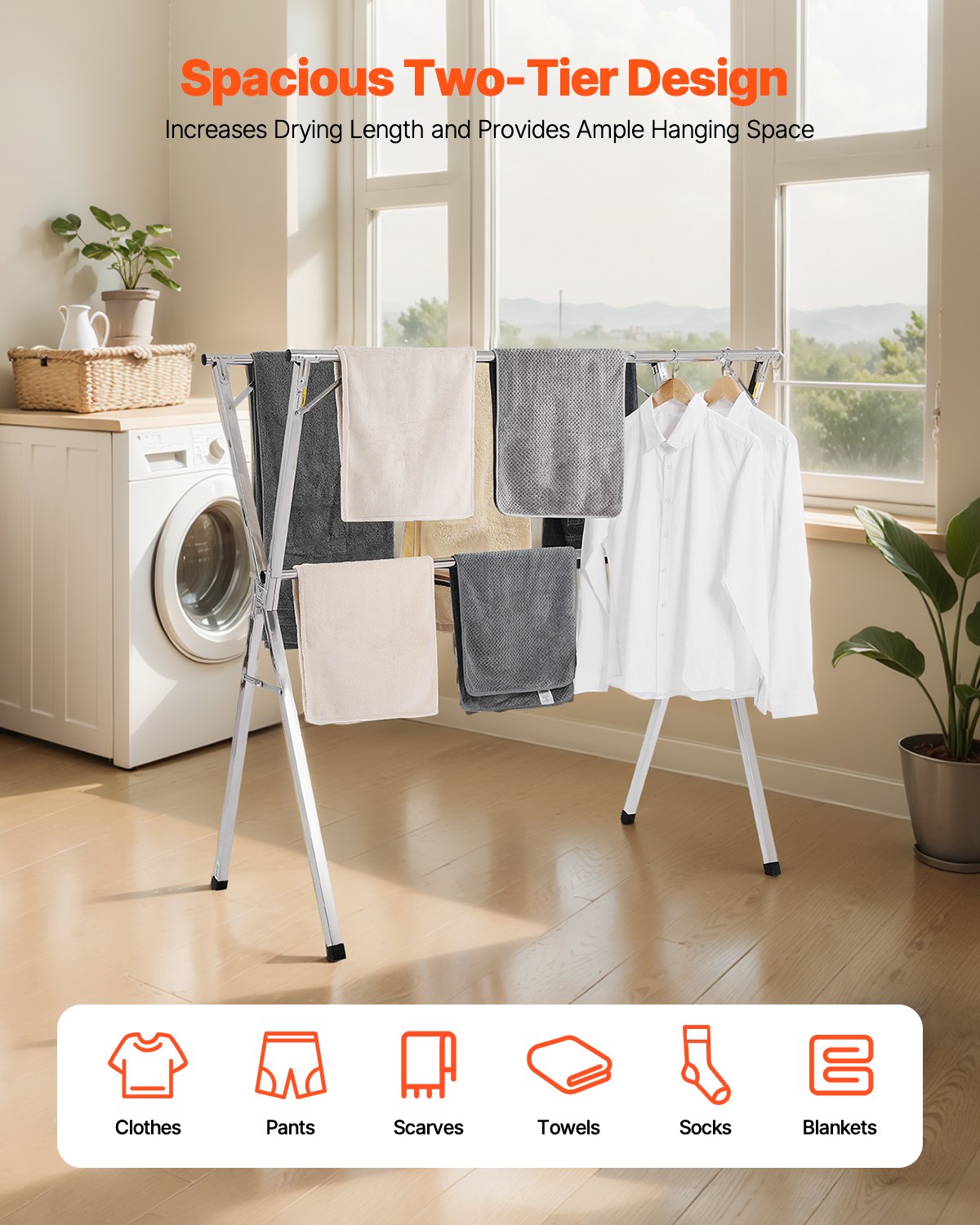 Stainless Steel 2-Tier Telescopic Clothes Drying Rack with Windproof Holes & Shoe Hooks, Portable Laundry Dryer for Indoor/Outdoor Use