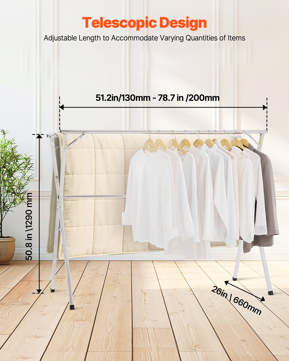 Stainless Steel 2-Tier Telescopic Clothes Drying Rack with Windproof Holes & Shoe Hooks, Portable Laundry Dryer for Indoor/Outdoor Use