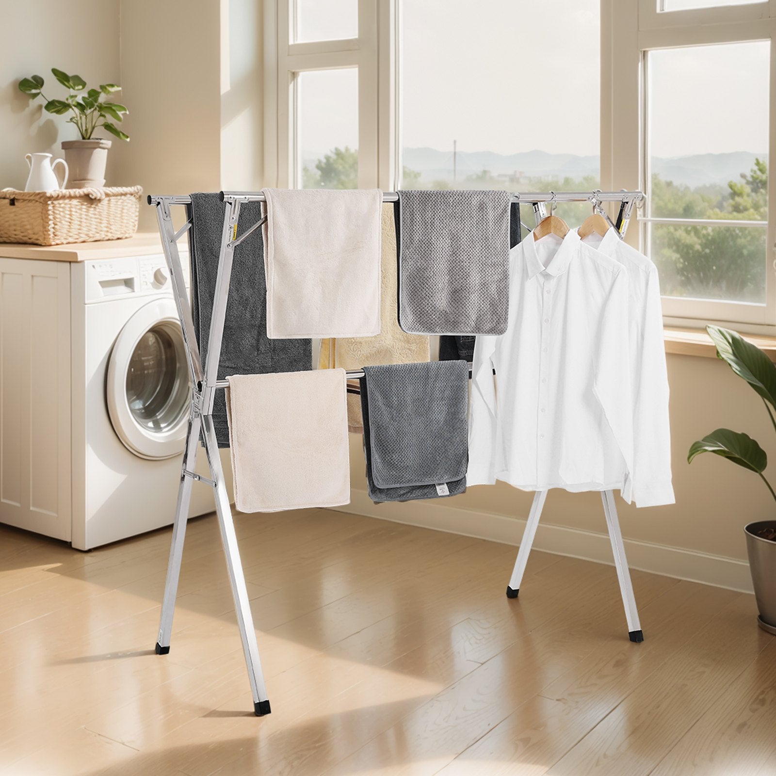 Stainless Steel 2-Tier Telescopic Clothes Drying Rack with Windproof Holes & Shoe Hooks, Portable Laundry Dryer for Indoor/Outdoor Use