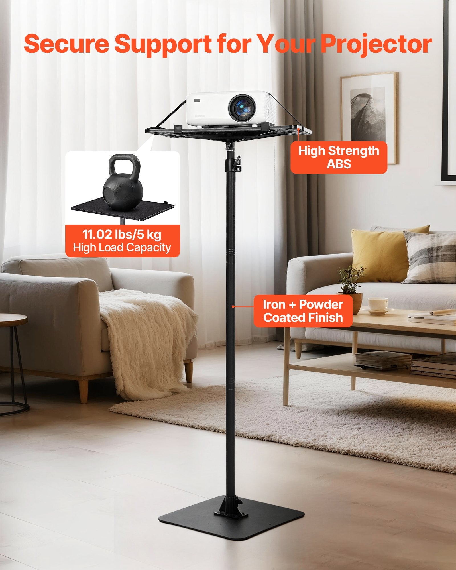 Adjustable Projector Floor Stand with 360° Rotation, Height 30.3-63.4", for Meetings, Outdoor Movies, Video, Gimbal, Tray Support