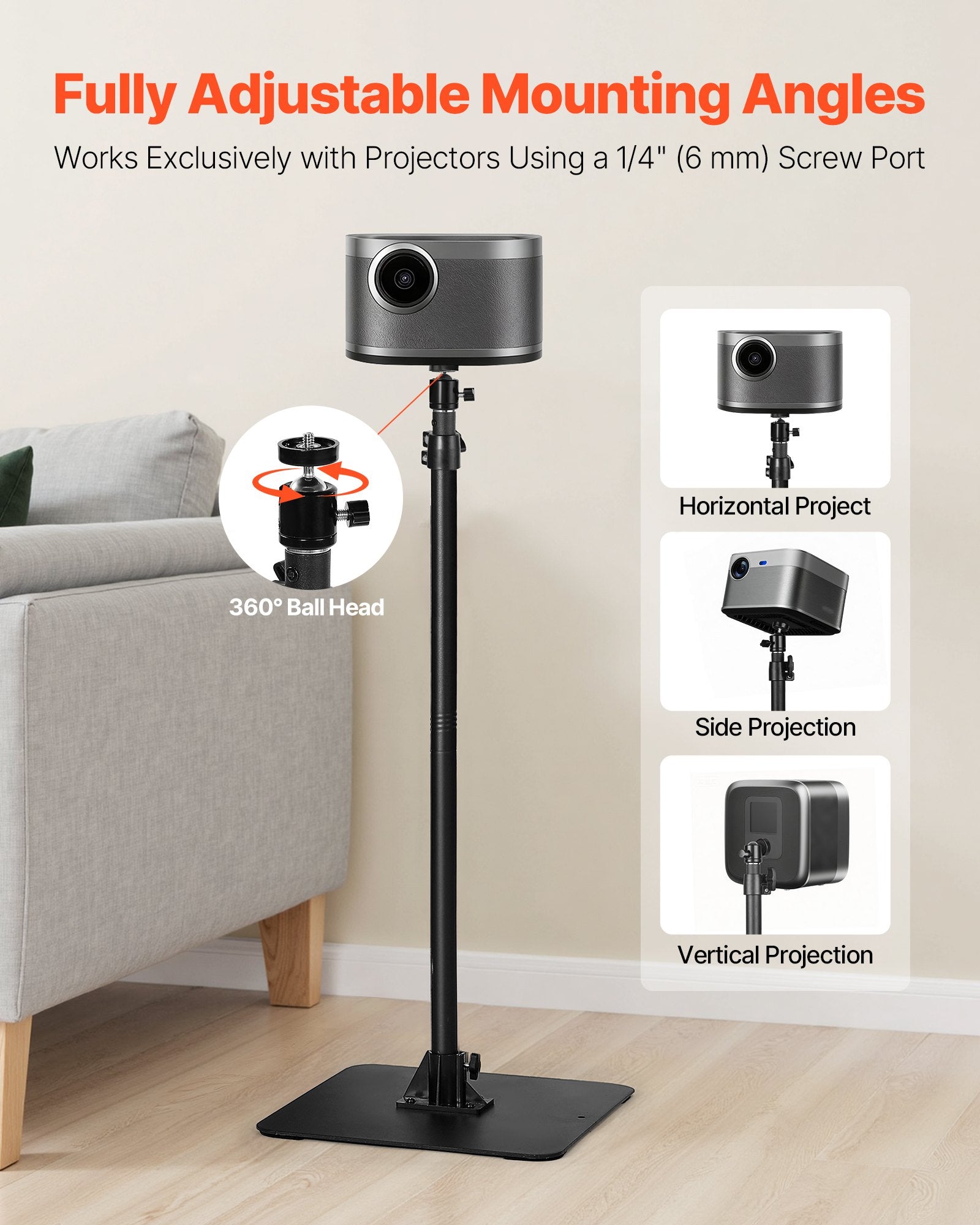 Adjustable Projector Floor Stand with 360° Rotation, Height 30.3-63.4", for Meetings, Outdoor Movies, Video, Gimbal, Tray Support