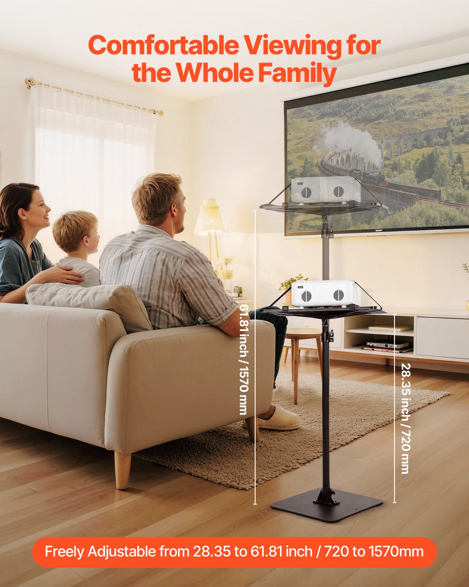 Adjustable Projector Floor Stand with 360° Rotation, Height 30.3-63.4", for Meetings, Outdoor Movies, Video, Gimbal, Tray Support