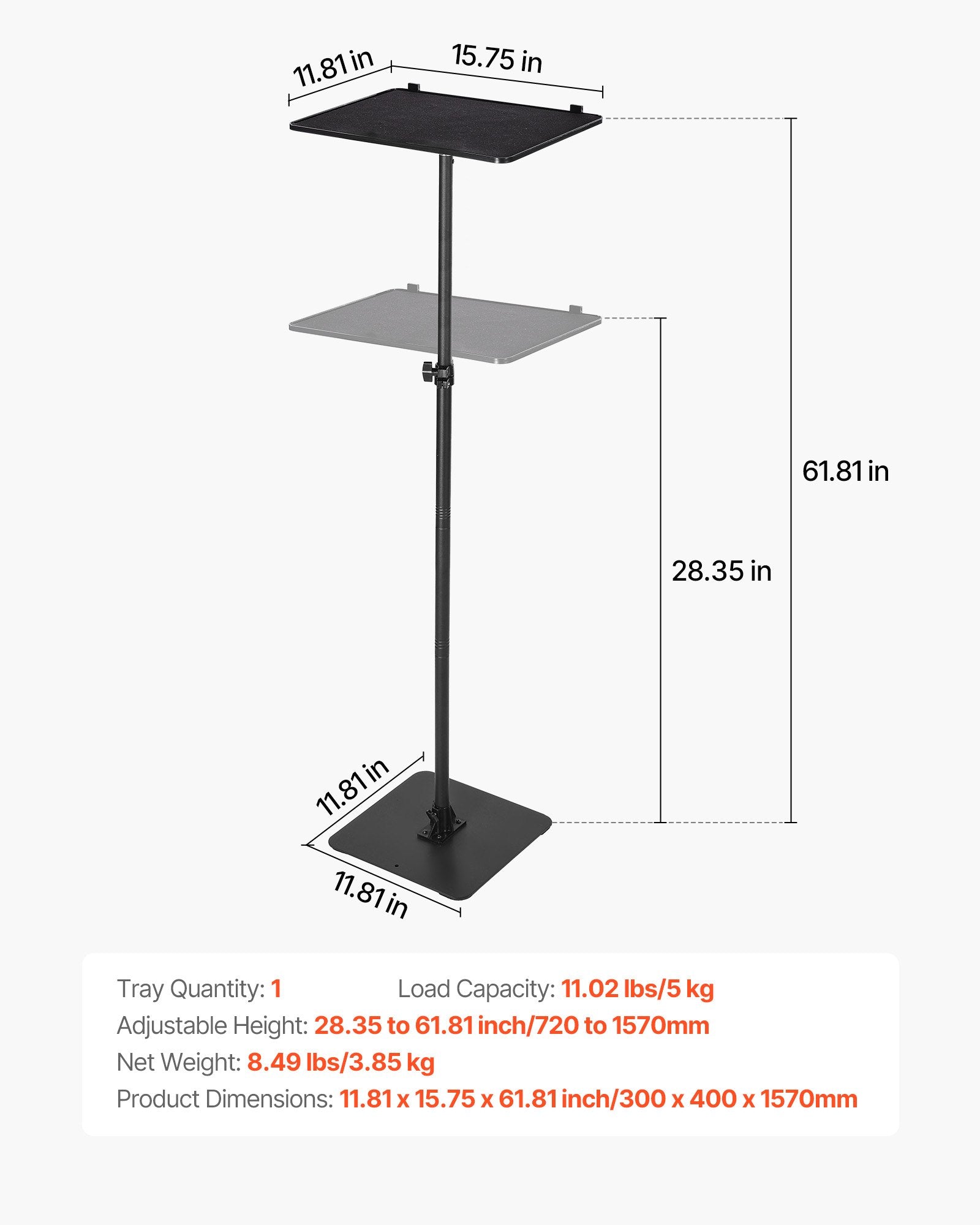 Adjustable Projector Floor Stand with 360° Rotation, Height 30.3-63.4", for Meetings, Outdoor Movies, Video, Gimbal, Tray Support