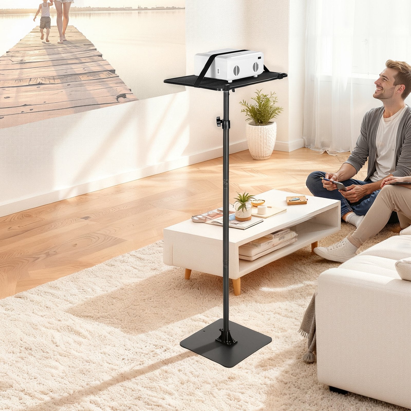 Adjustable Projector Floor Stand with 360° Rotation, Height 30.3-63.4", for Meetings, Outdoor Movies, Video, Gimbal, Tray Support