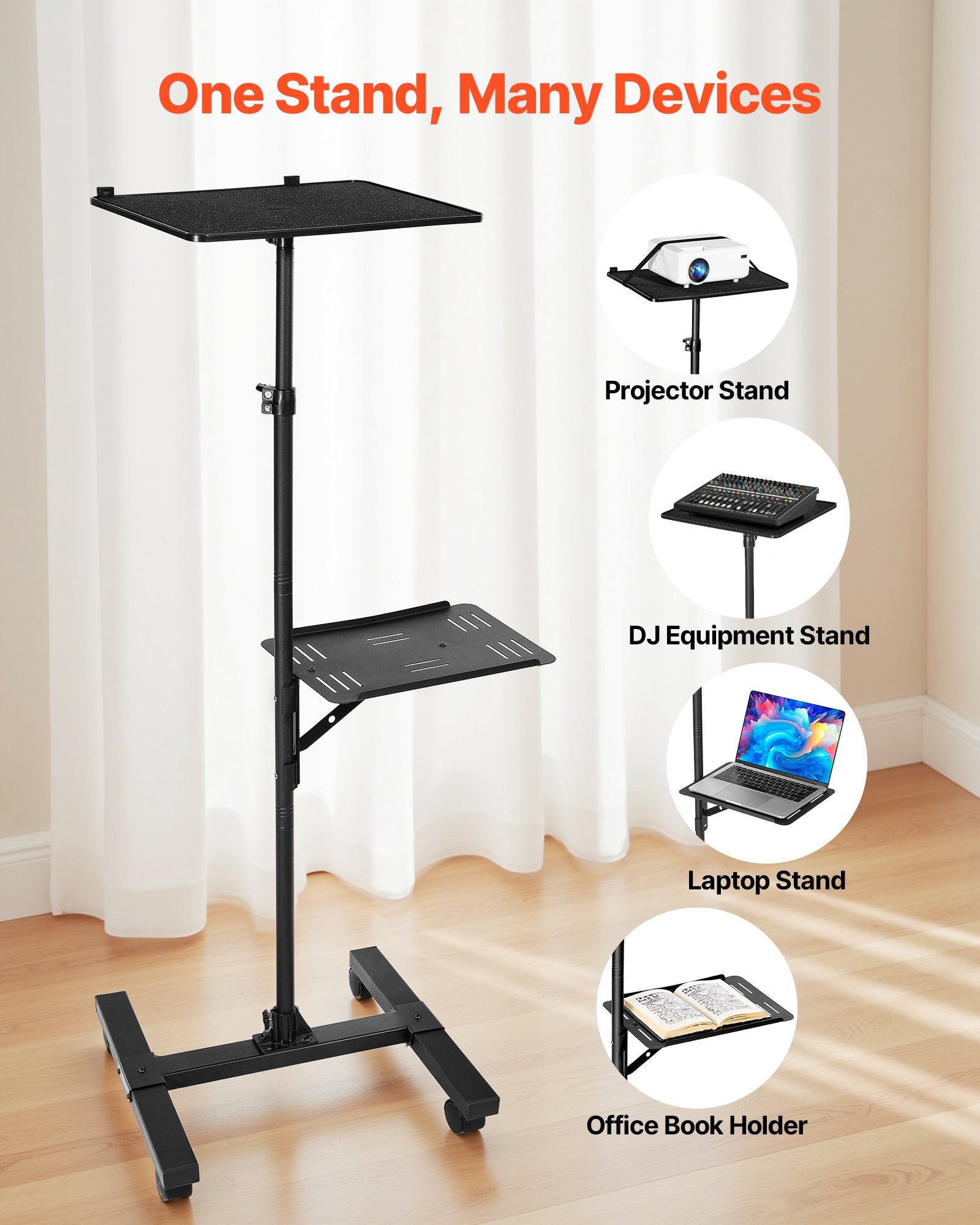 Adjustable Projector Stand with Dual Shelves for Laptops & Projectors, I-Beam Frame, Tripod for Meetings & Outdoor Movies, Height 33.86-53.54 inches