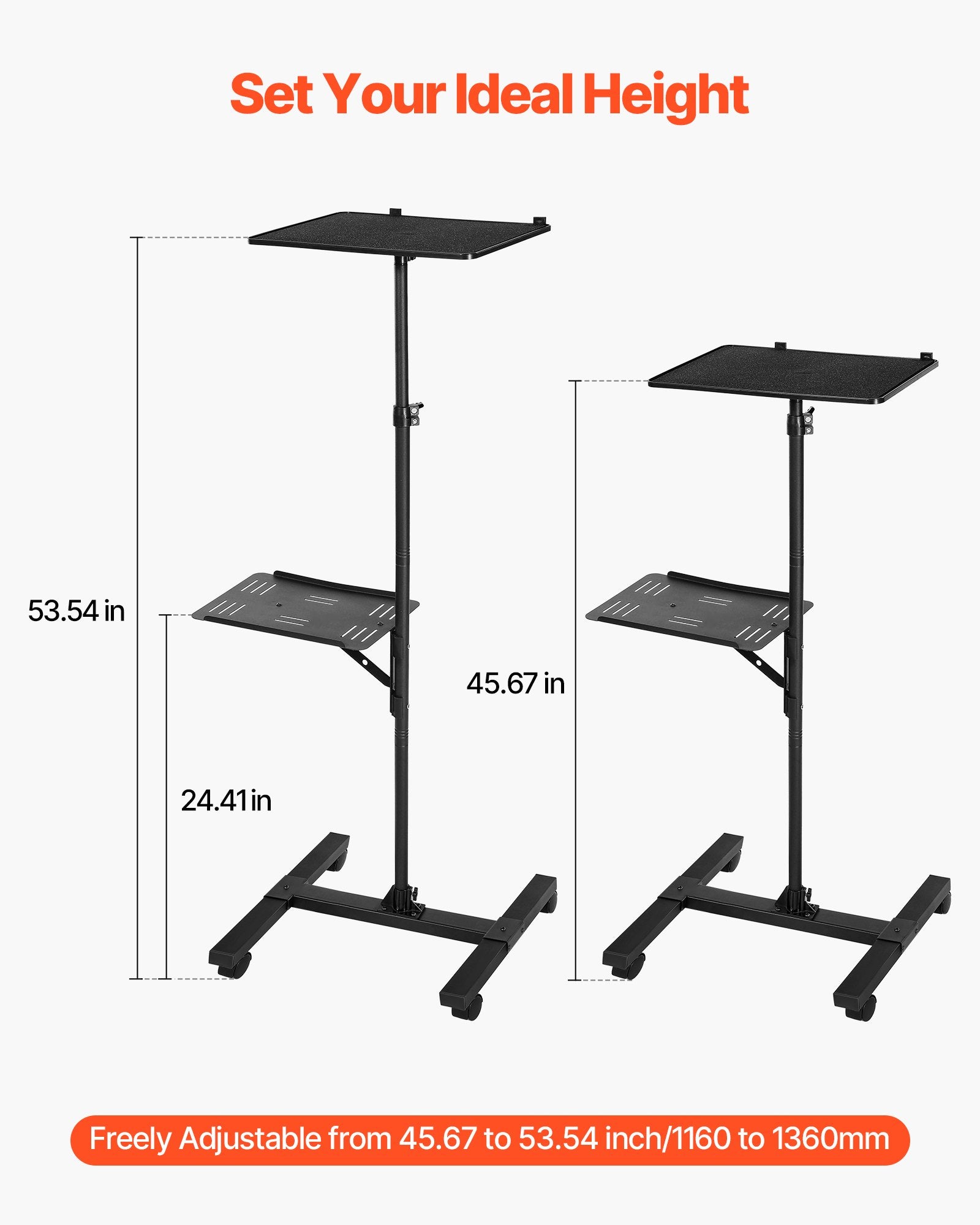 Adjustable Projector Stand with Dual Shelves for Laptops & Projectors, I-Beam Frame, Tripod for Meetings & Outdoor Movies, Height 33.86-53.54 inches