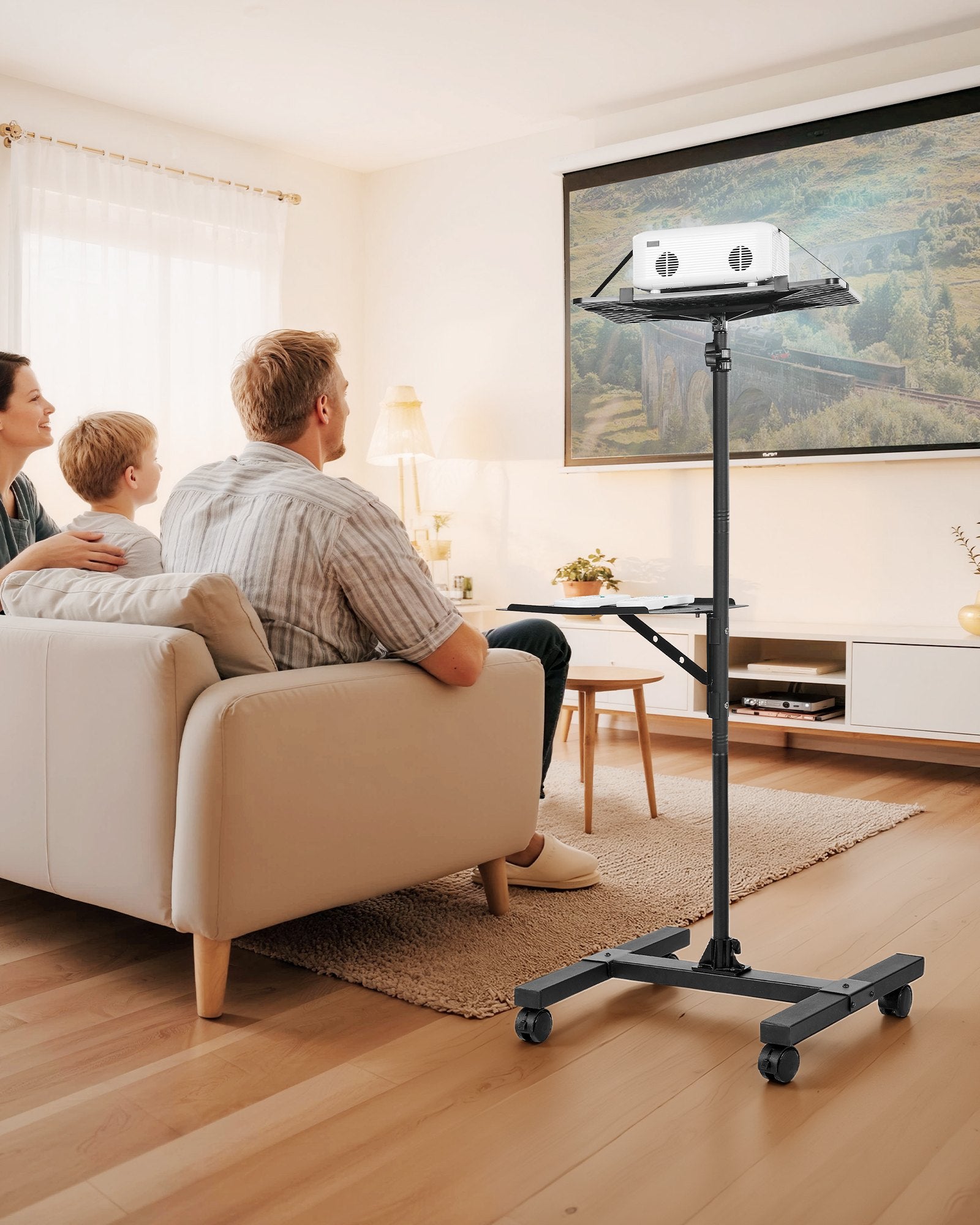 Adjustable Projector Stand with Dual Shelves for Laptops & Projectors, I-Beam Frame, Tripod for Meetings & Outdoor Movies, Height 33.86-53.54 inches