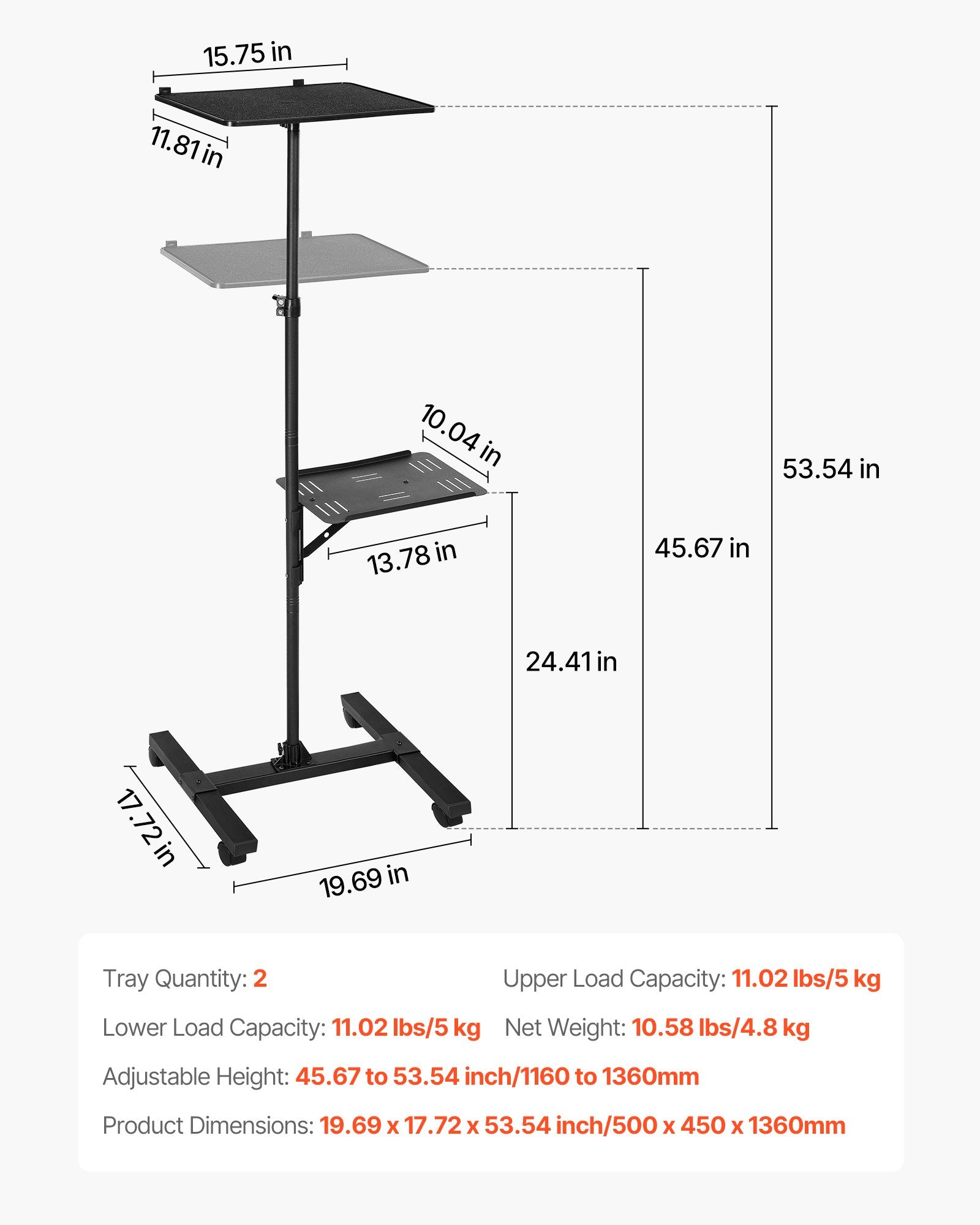 Adjustable Projector Stand with Dual Shelves for Laptops & Projectors, I-Beam Frame, Tripod for Meetings & Outdoor Movies, Height 33.86-53.54 inches