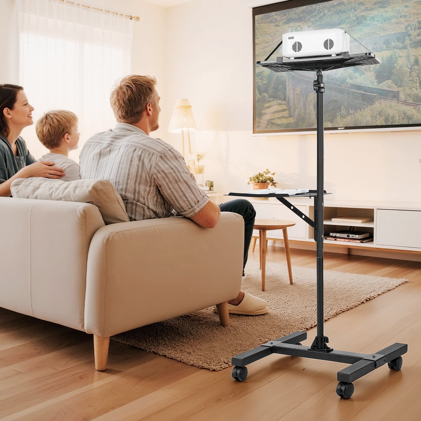 Adjustable Projector Stand with Dual Shelves for Laptops & Projectors, I-Beam Frame, Tripod for Meetings & Outdoor Movies, Height 33.86-53.54 inches
