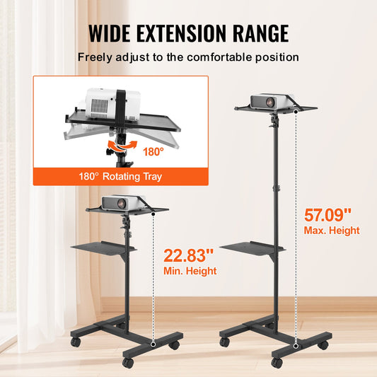 Adjustable Projector Stand with Wheels - Height 22.8 to 57.3 in, Dual Trays, Perfect for Home, Office, Outdoor Movies, Studio, Stage Use