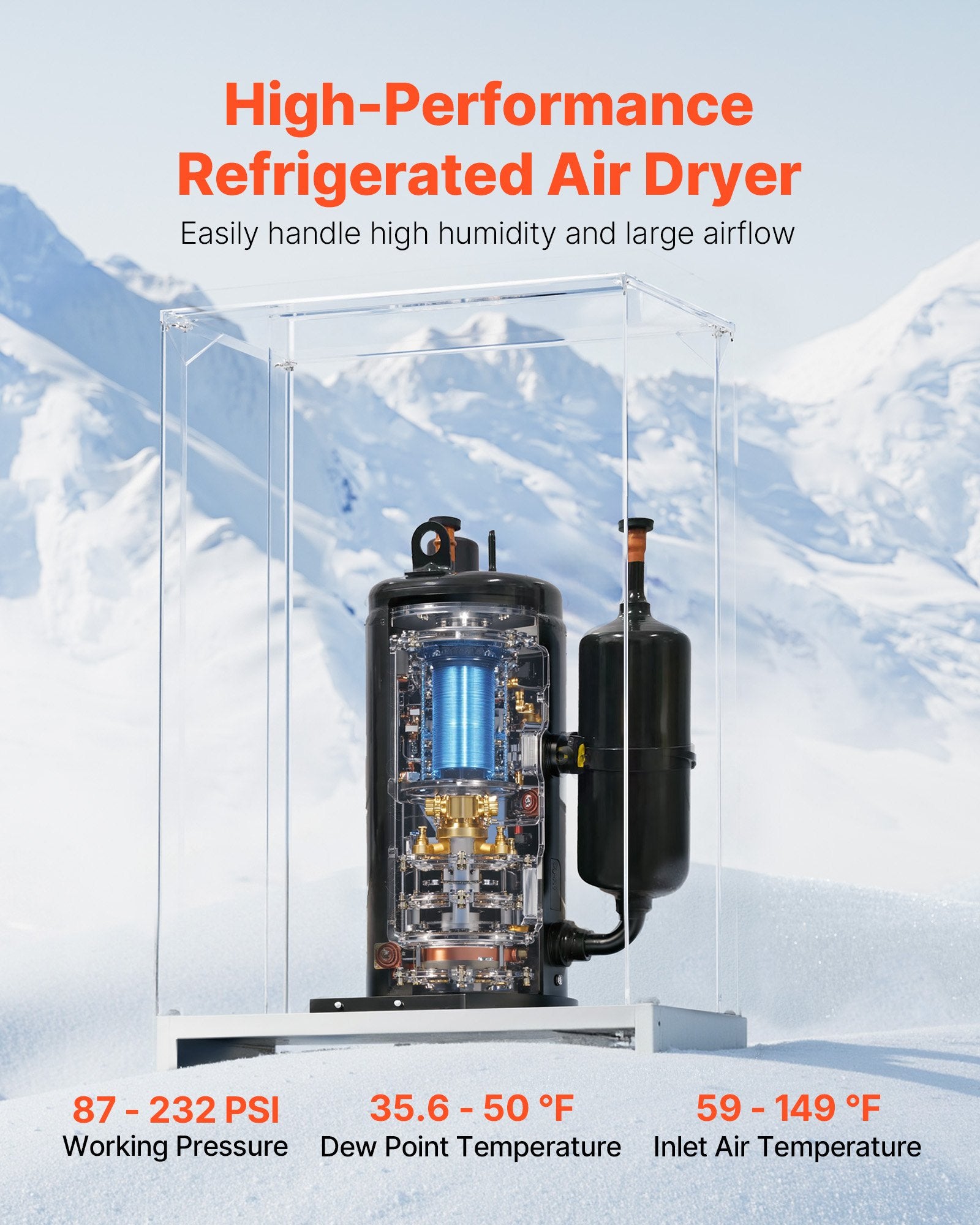 Industrial 125CFM Refrigerated Air Dryer with Color Screen Control, Automatic Drainage, for 20HP-30HP Compressors, 110-120V, Efficient Air-Drying System