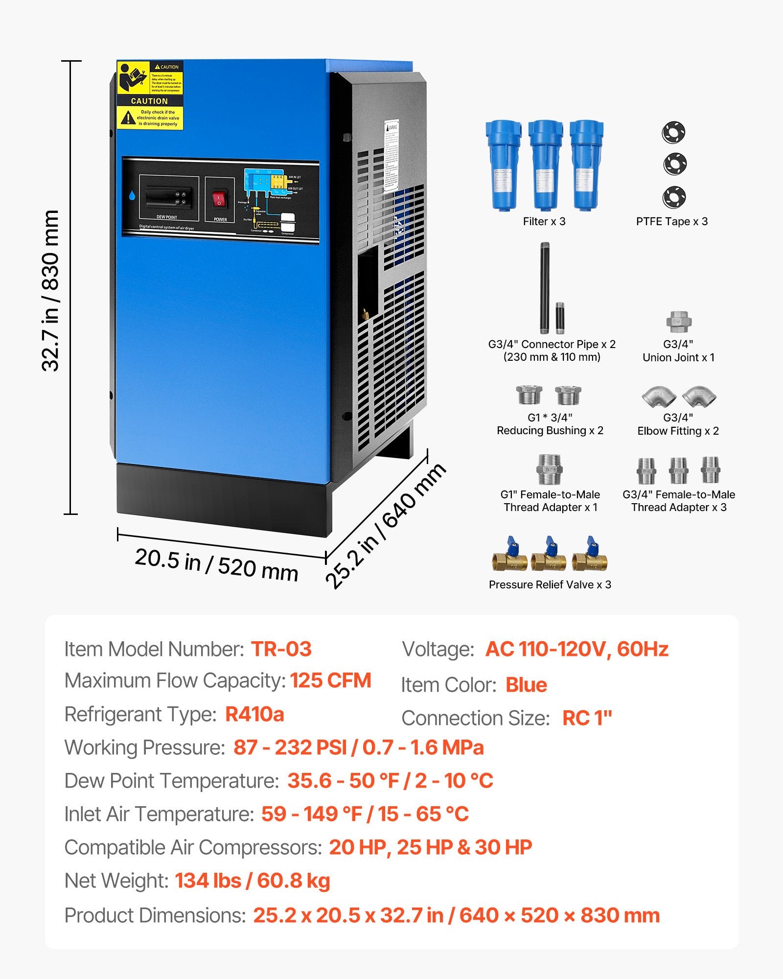 Industrial 125CFM Refrigerated Air Dryer with Color Screen Control, Automatic Drainage, for 20HP-30HP Compressors, 110-120V, Efficient Air-Drying System