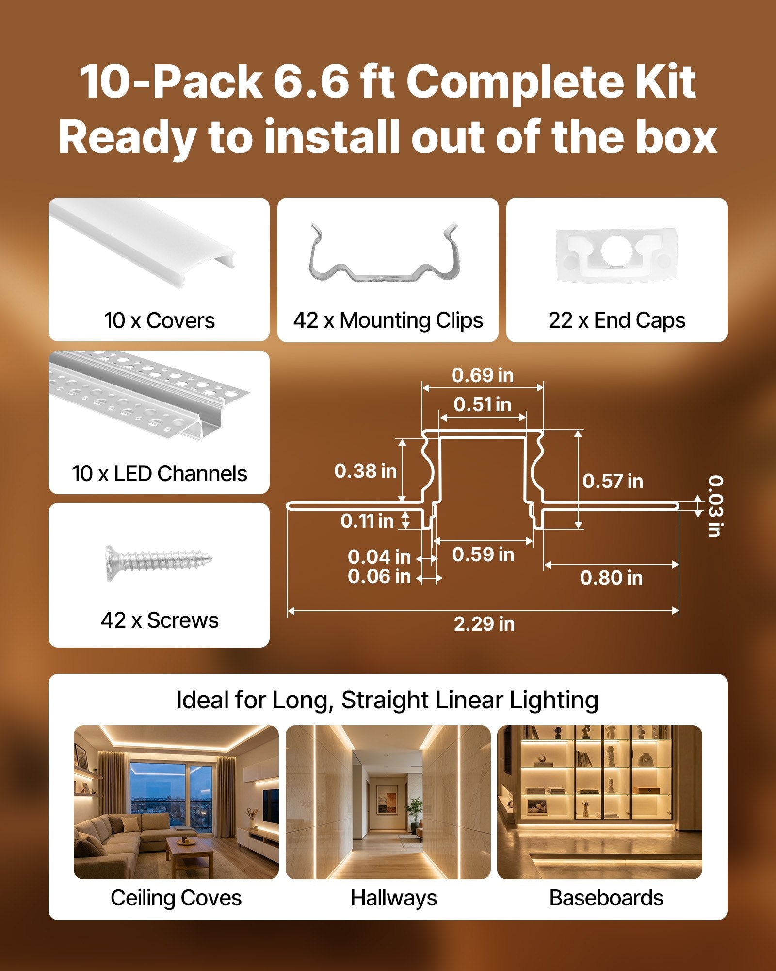 Trimless Recessed Plaster-in LED Channel 10-Pack, 6.6 ft Aluminum Profile with Milky Diffuser, End Caps, for Wall and Ceiling Lighting