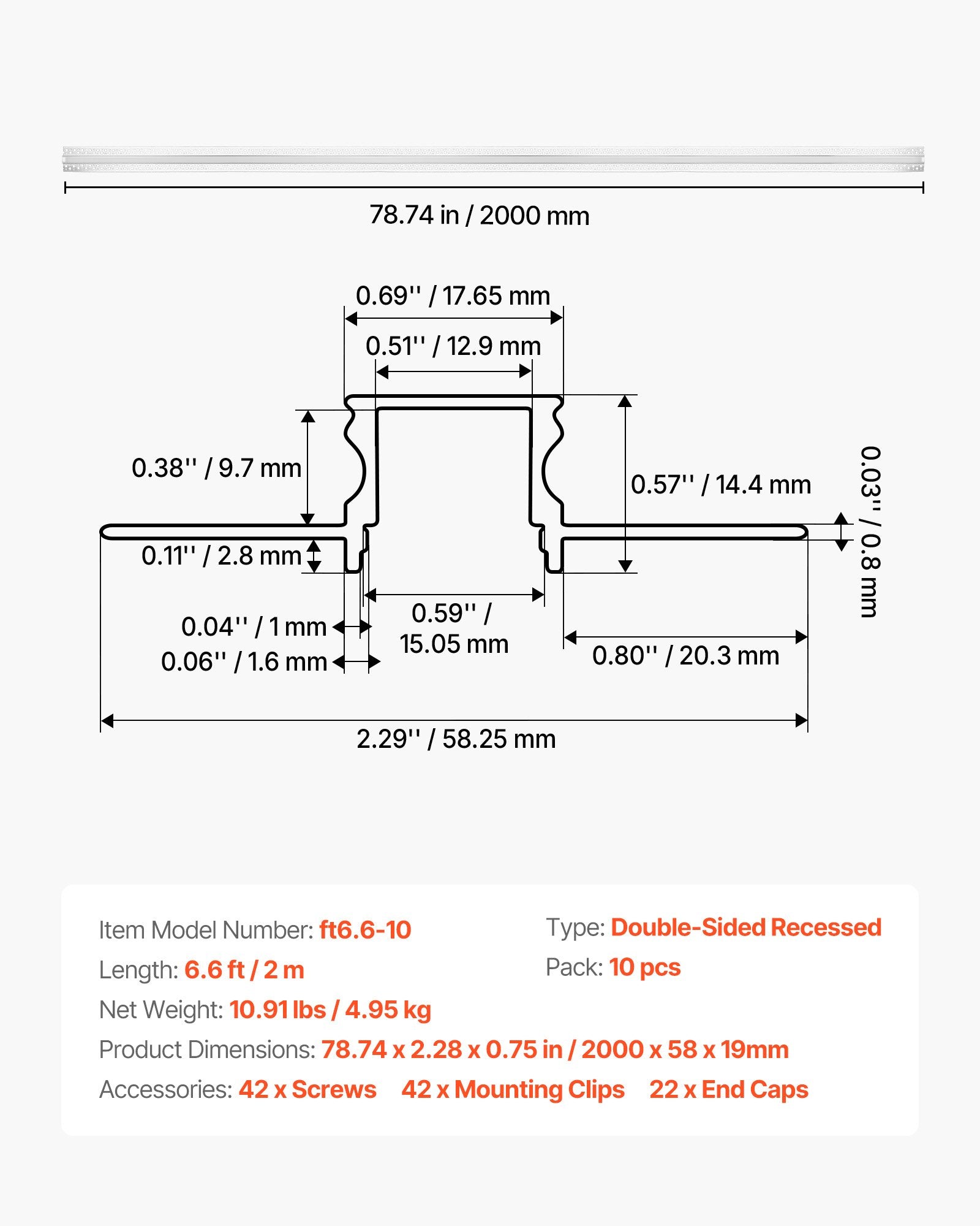 Trimless Recessed Plaster-in LED Channel 10-Pack, 6.6 ft Aluminum Profile with Milky Diffuser, End Caps, for Wall and Ceiling Lighting