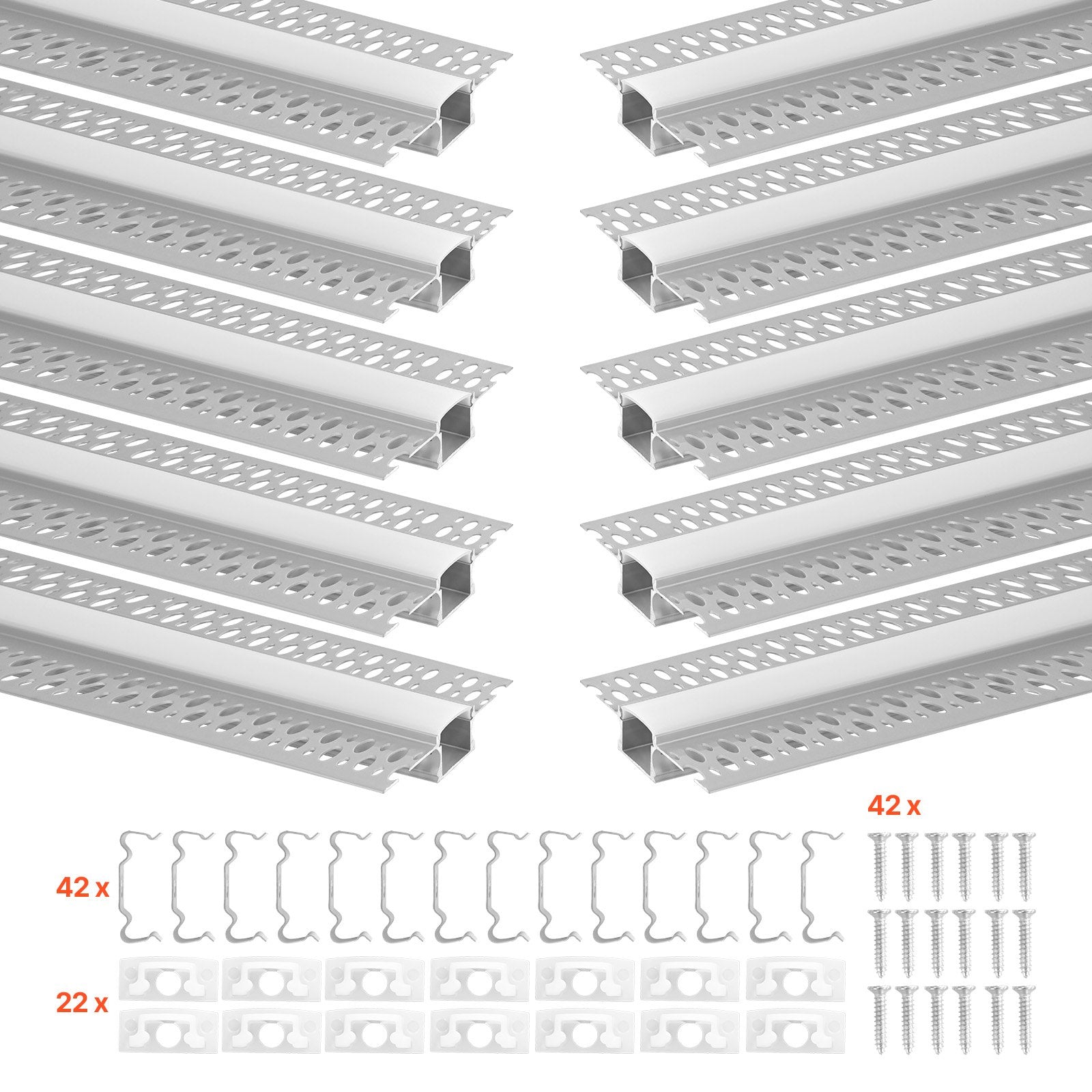 Trimless Recessed Plaster-in LED Channel 10-Pack, 6.6 ft Aluminum Profile with Milky Diffuser, End Caps, for Wall and Ceiling Lighting