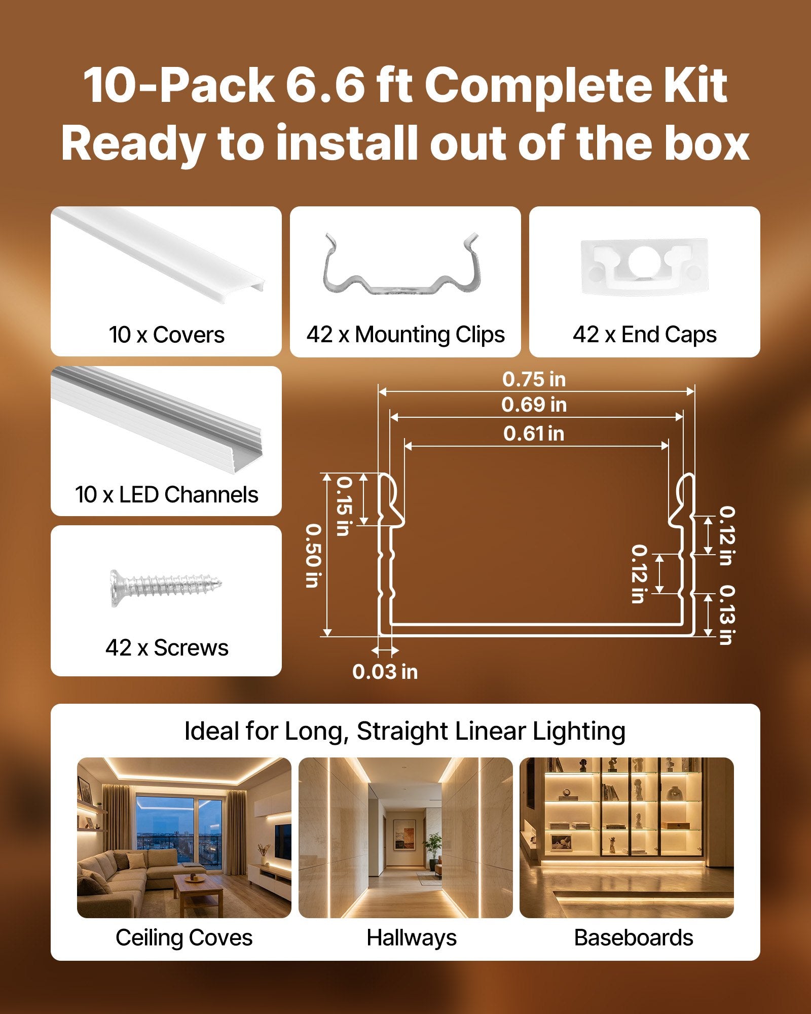 10-Pack 6.6ft/2M Deep U-Shape LED Aluminum Channel Kit with Milky Cover, End Caps, Mounting Clips - Ideal for Under Cabinet, Ceiling Cove Lighting, Easy Install, Glare-Free Premium Aluminum Profile for LED Strip Lights