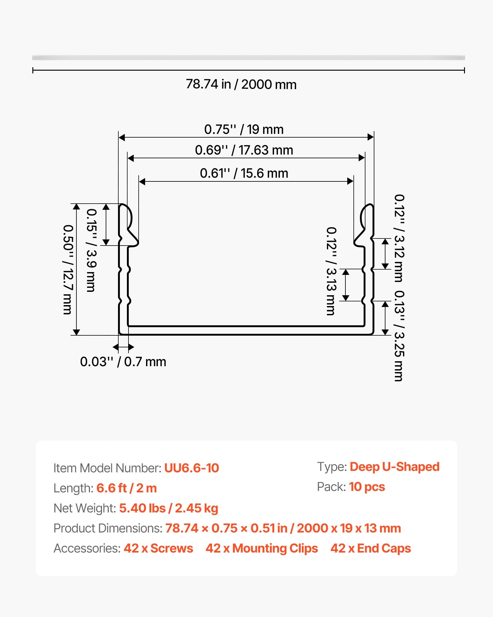 10-Pack 6.6ft/2M Deep U-Shape LED Aluminum Channel Kit with Milky Cover, End Caps, Mounting Clips - Ideal for Under Cabinet, Ceiling Cove Lighting, Easy Install, Glare-Free Premium Aluminum Profile for LED Strip Lights