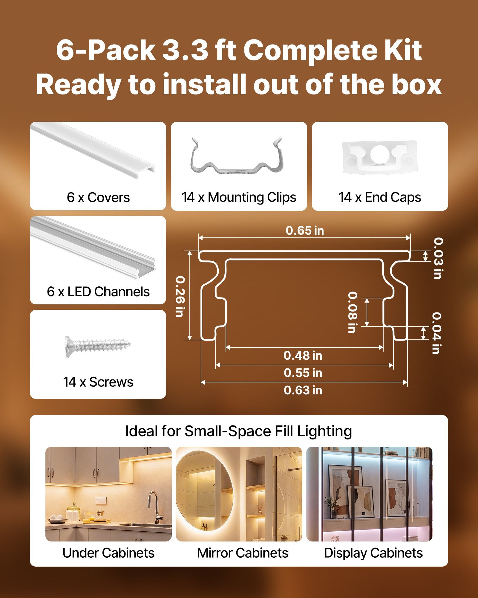 6-Pack U-Shape LED Aluminum Channel Kit, 3.3 ft/1M with Milky Cover, End Caps & Clips, Ideal for Under Cabinet Lighting, Easy Install, Glare-Free Design, Premium Aluminum Profile for Versatile LED Strip Installations