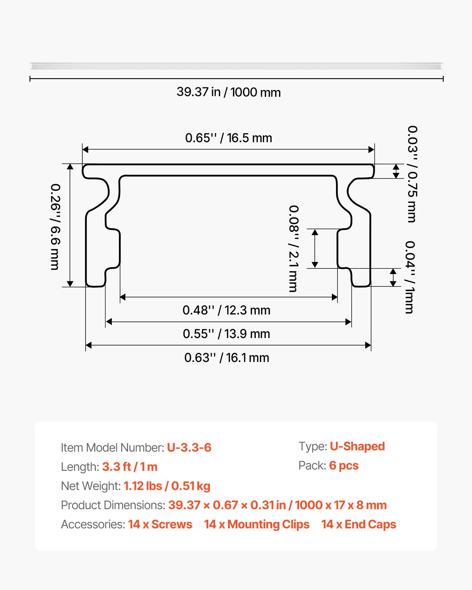 6-Pack U-Shape LED Aluminum Channel Kit, 3.3 ft/1M with Milky Cover, End Caps & Clips, Ideal for Under Cabinet Lighting, Easy Install, Glare-Free Design, Premium Aluminum Profile for Versatile LED Strip Installations