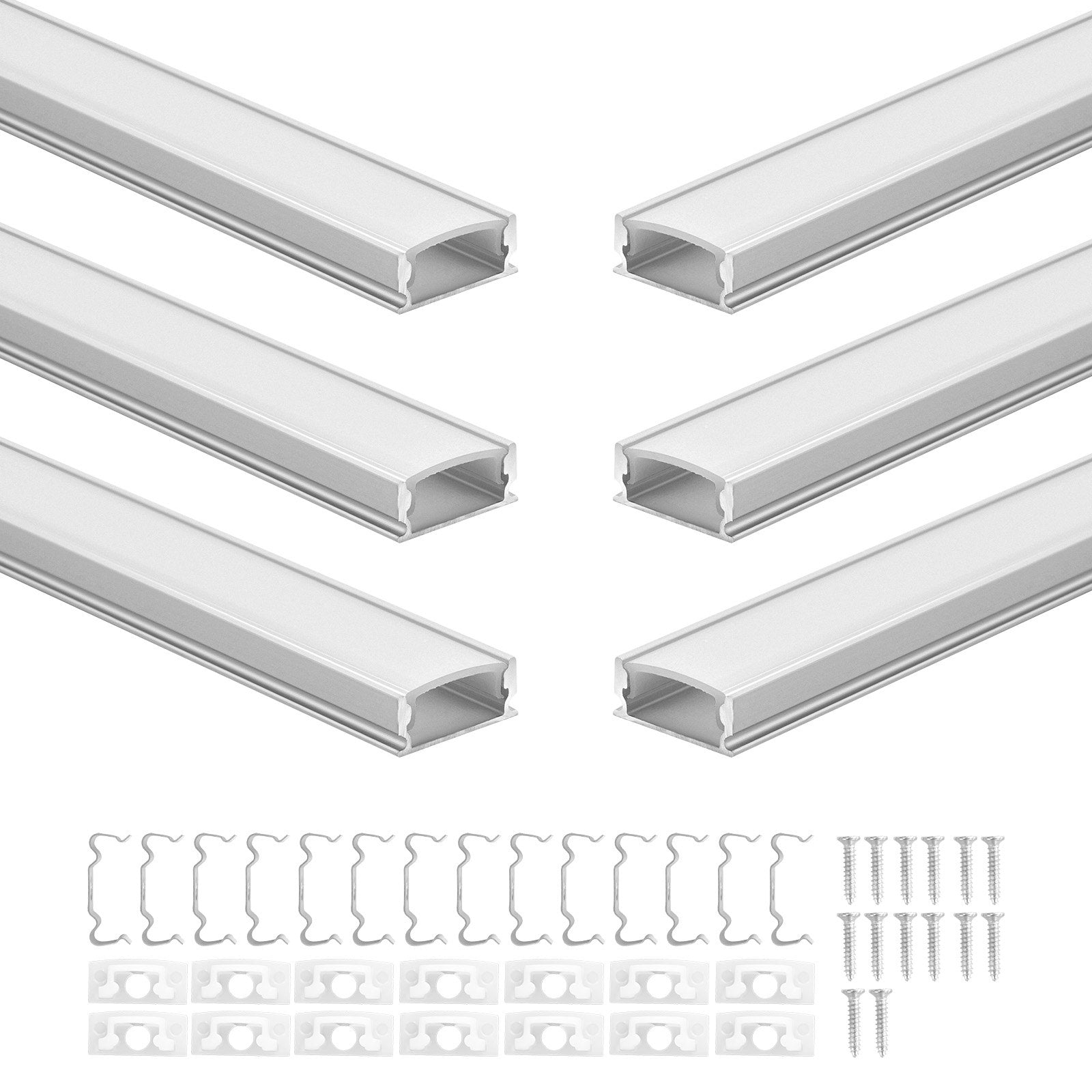 6-Pack U-Shape LED Aluminum Channel Kit, 3.3 ft/1M with Milky Cover, End Caps & Clips, Ideal for Under Cabinet Lighting, Easy Install, Glare-Free Design, Premium Aluminum Profile for Versatile LED Strip Installations