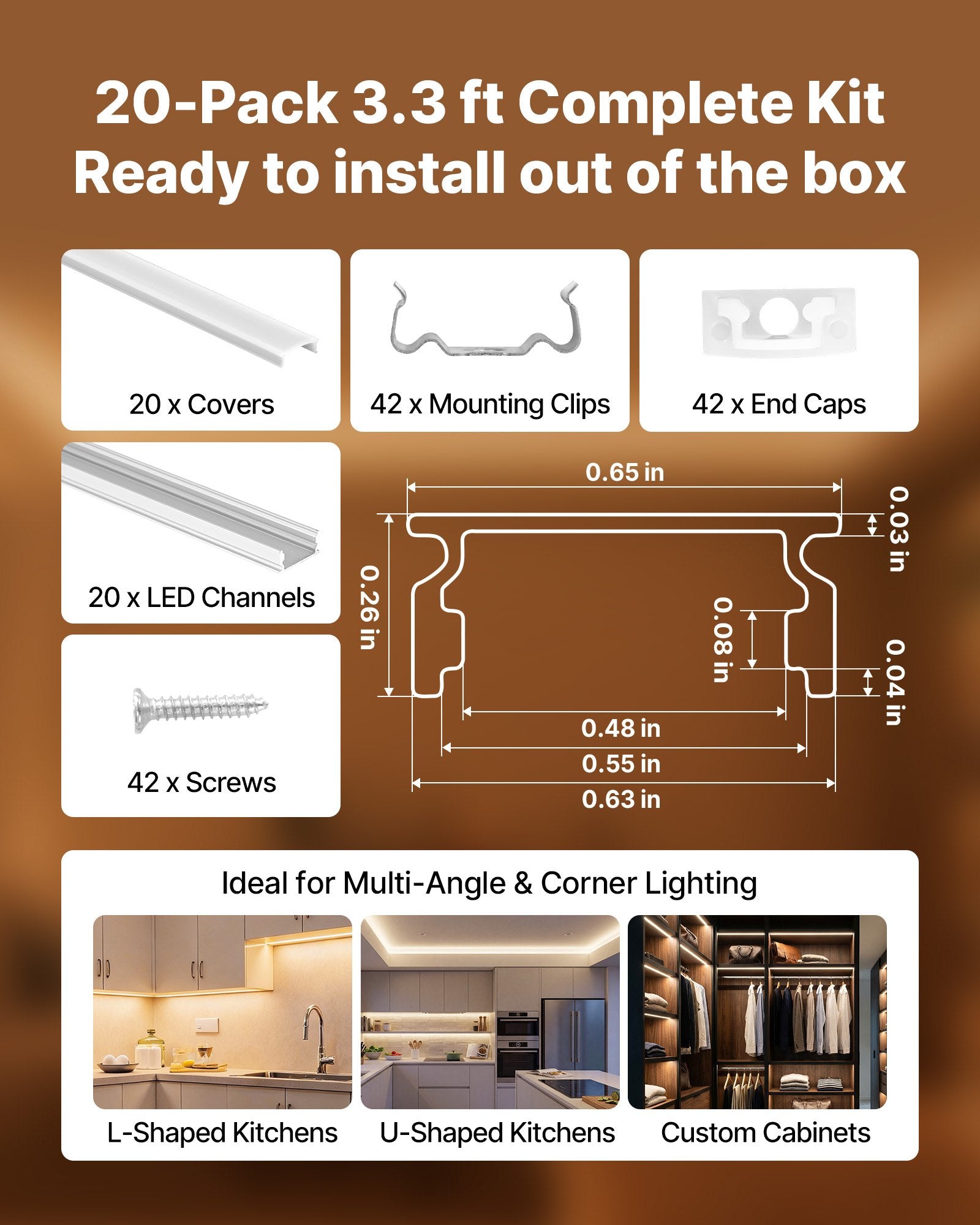 20-Pack U-Shape LED Aluminum Channel Kit, 3.3 ft Length, Milky Cover, End Caps, Clips - Ideal for Under Cabinet LED Strip Light Installations, Glare-Free, Versatile, Premium Build