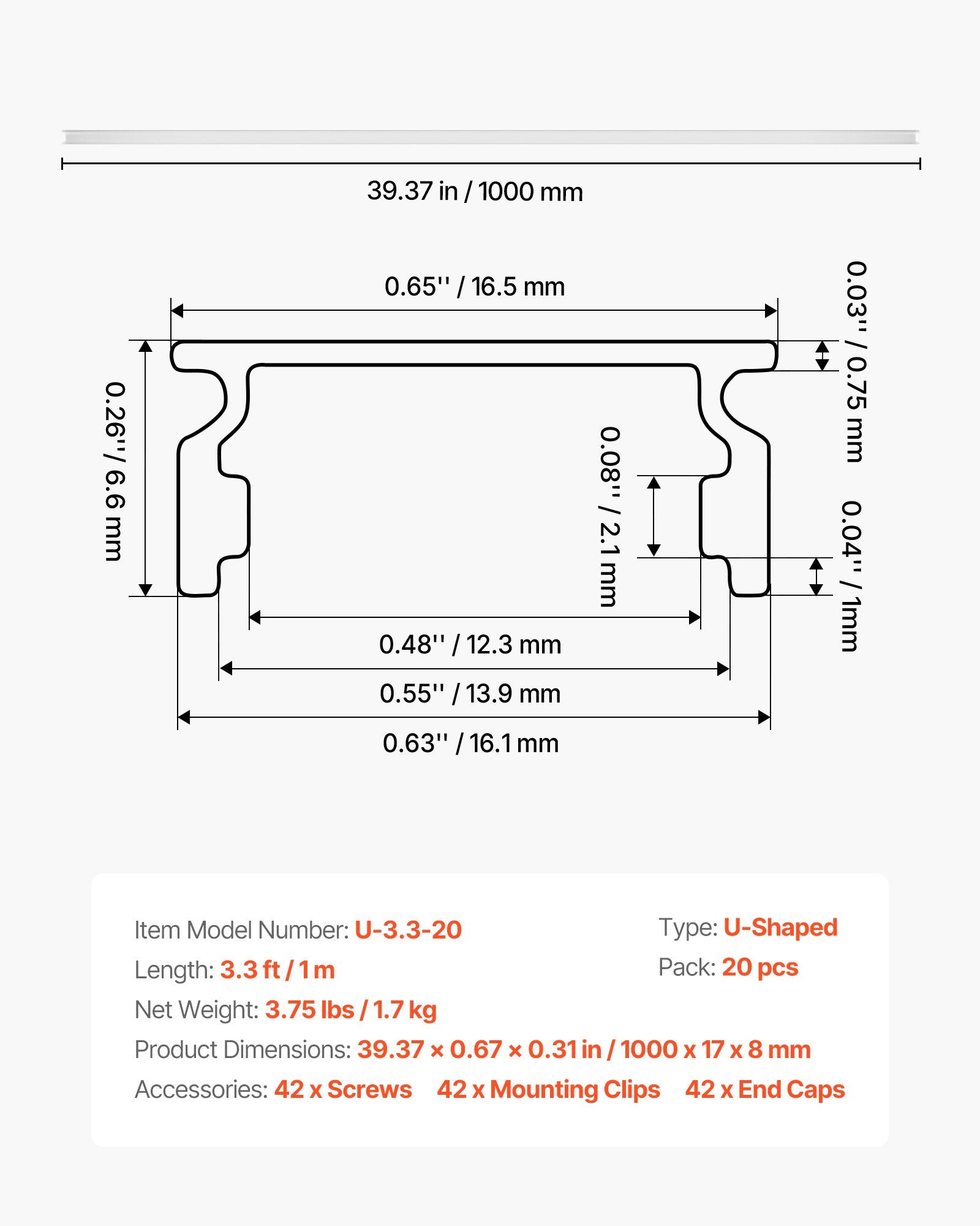 20-Pack U-Shape LED Aluminum Channel Kit, 3.3 ft Length, Milky Cover, End Caps, Clips - Ideal for Under Cabinet LED Strip Light Installations, Glare-Free, Versatile, Premium Build