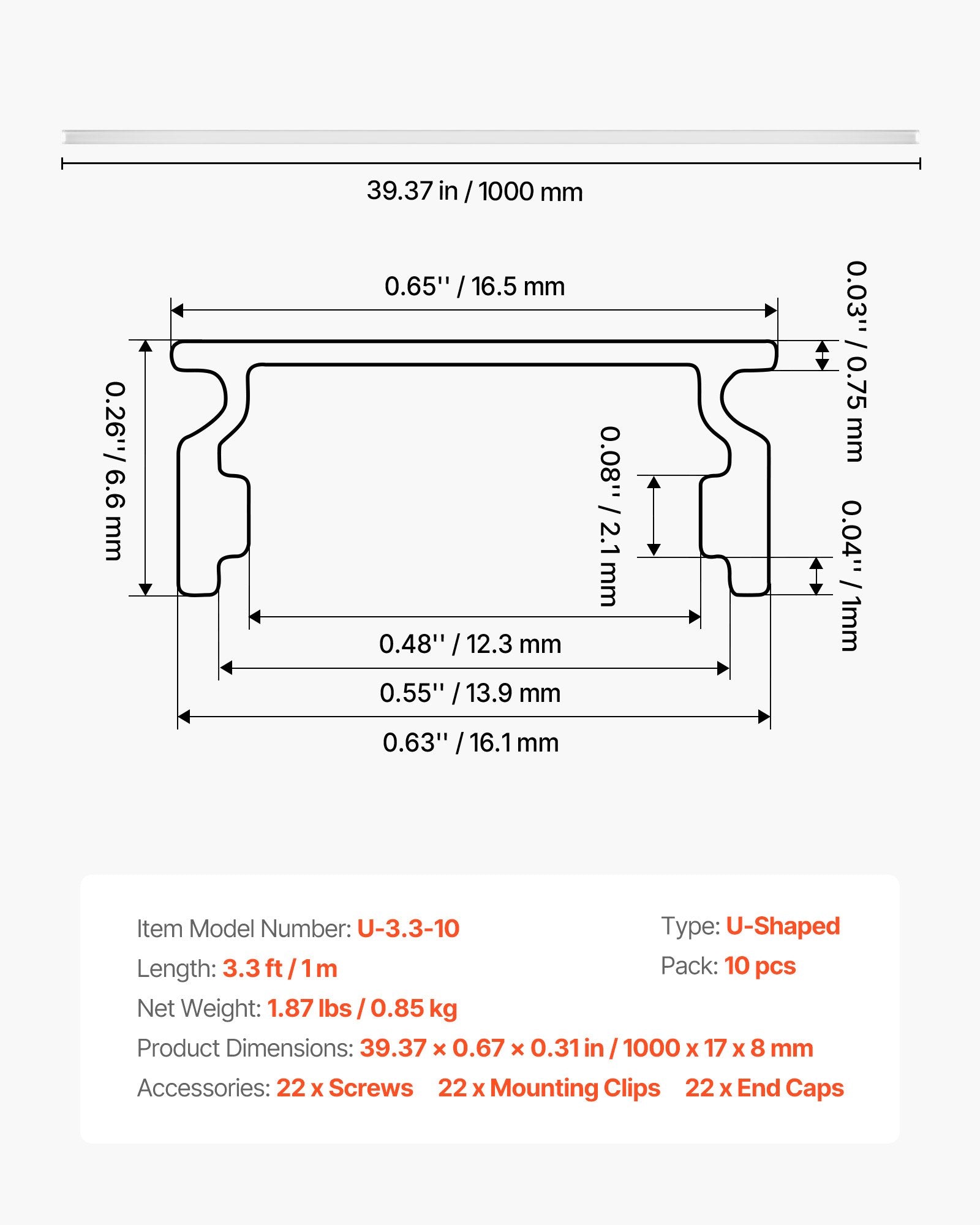 10-Pack U-Shaped LED Aluminum Channel 3.3 ft with Milky Cover, End Caps, Clips for Under Cabinet Lighting, Easy Install Strip Light Profile