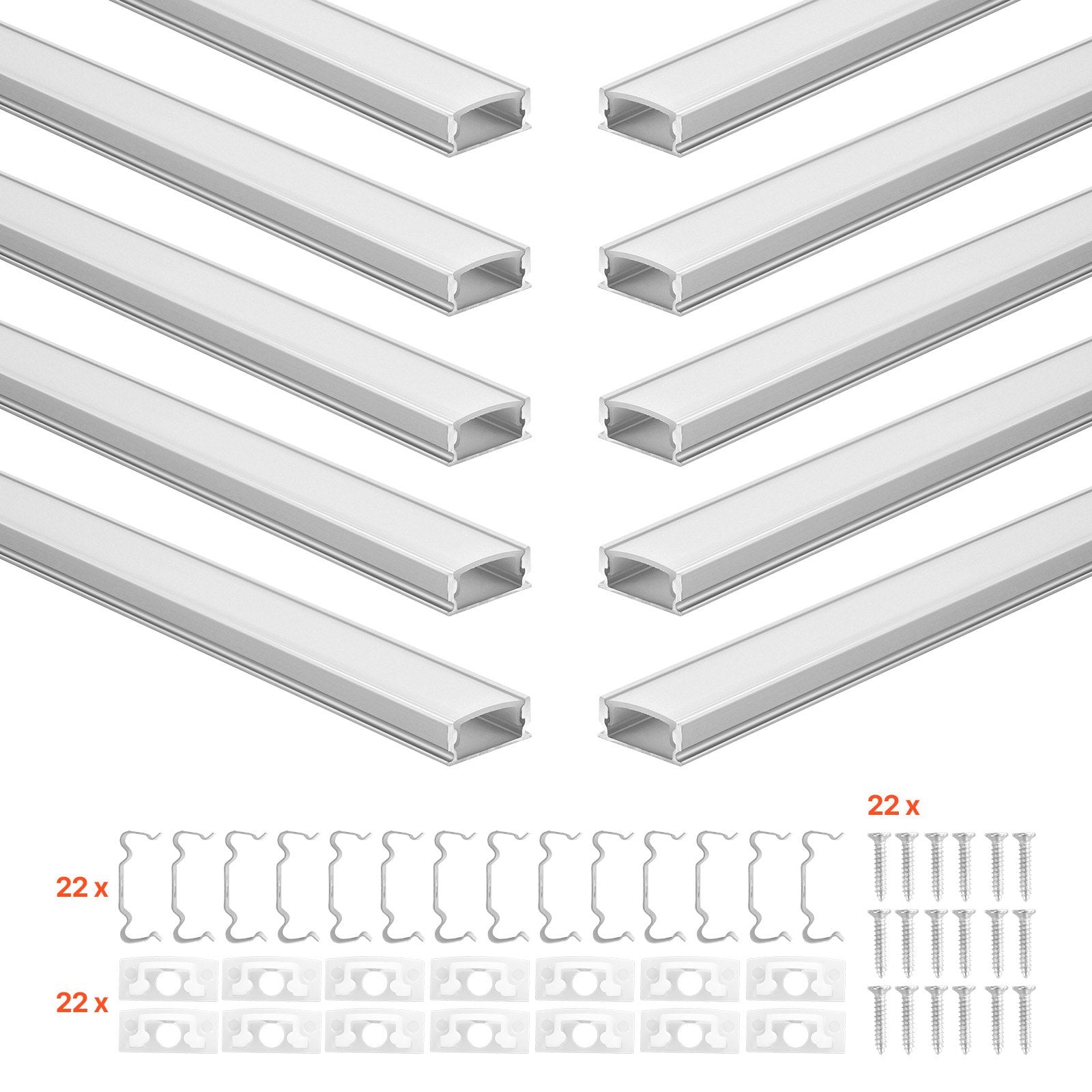10-Pack U-Shaped LED Aluminum Channel 3.3 ft with Milky Cover, End Caps, Clips for Under Cabinet Lighting, Easy Install Strip Light Profile