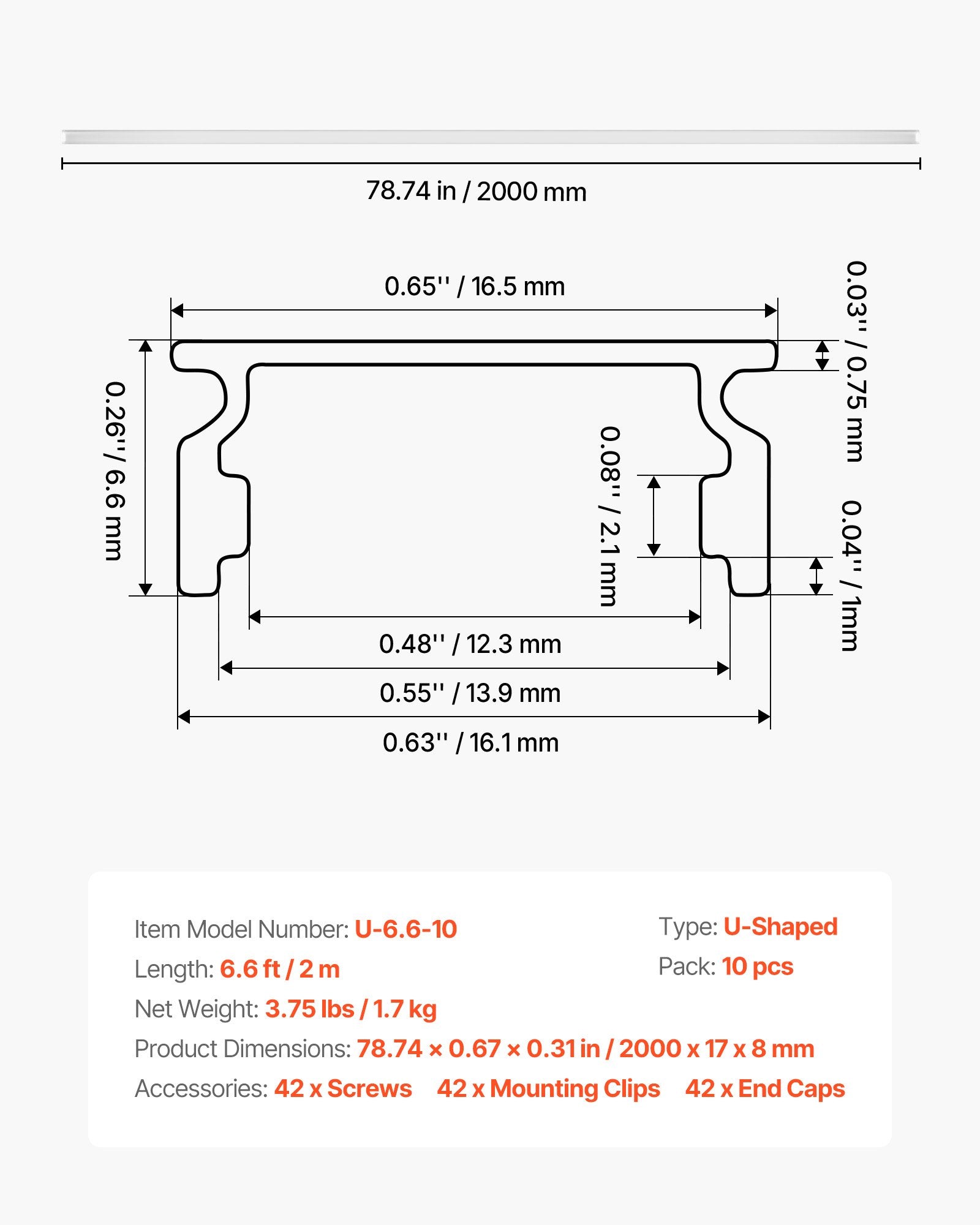 10-Pack 6.6 ft U-Shape LED Aluminum Channel Kit, Milky Cover & Mounting Clips, Ideal for Under Cabinet LED Strip Light Installation