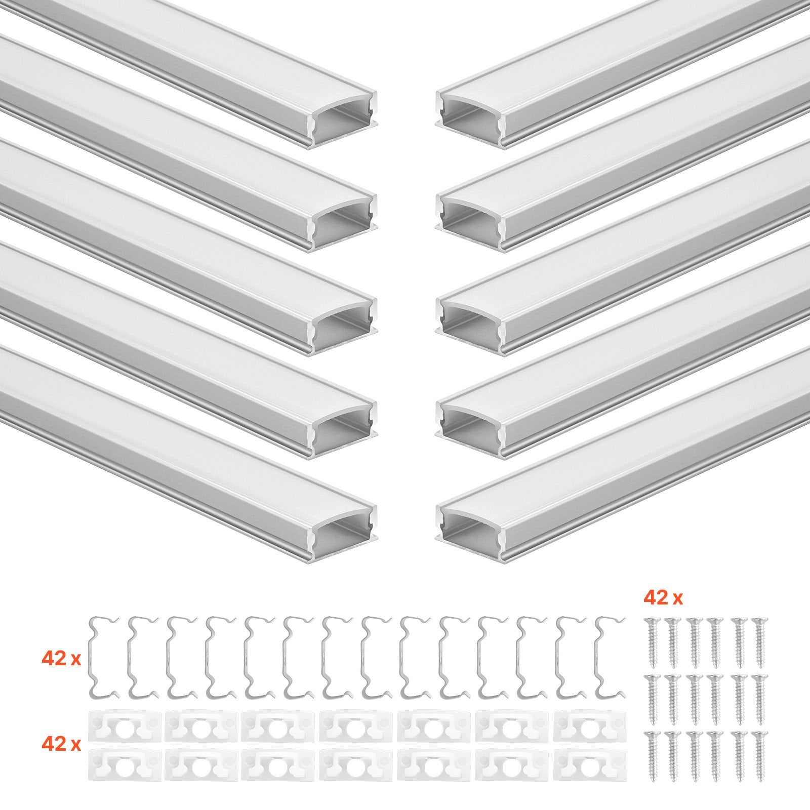10-Pack 6.6 ft U-Shape LED Aluminum Channel Kit, Milky Cover & Mounting Clips, Ideal for Under Cabinet LED Strip Light Installation