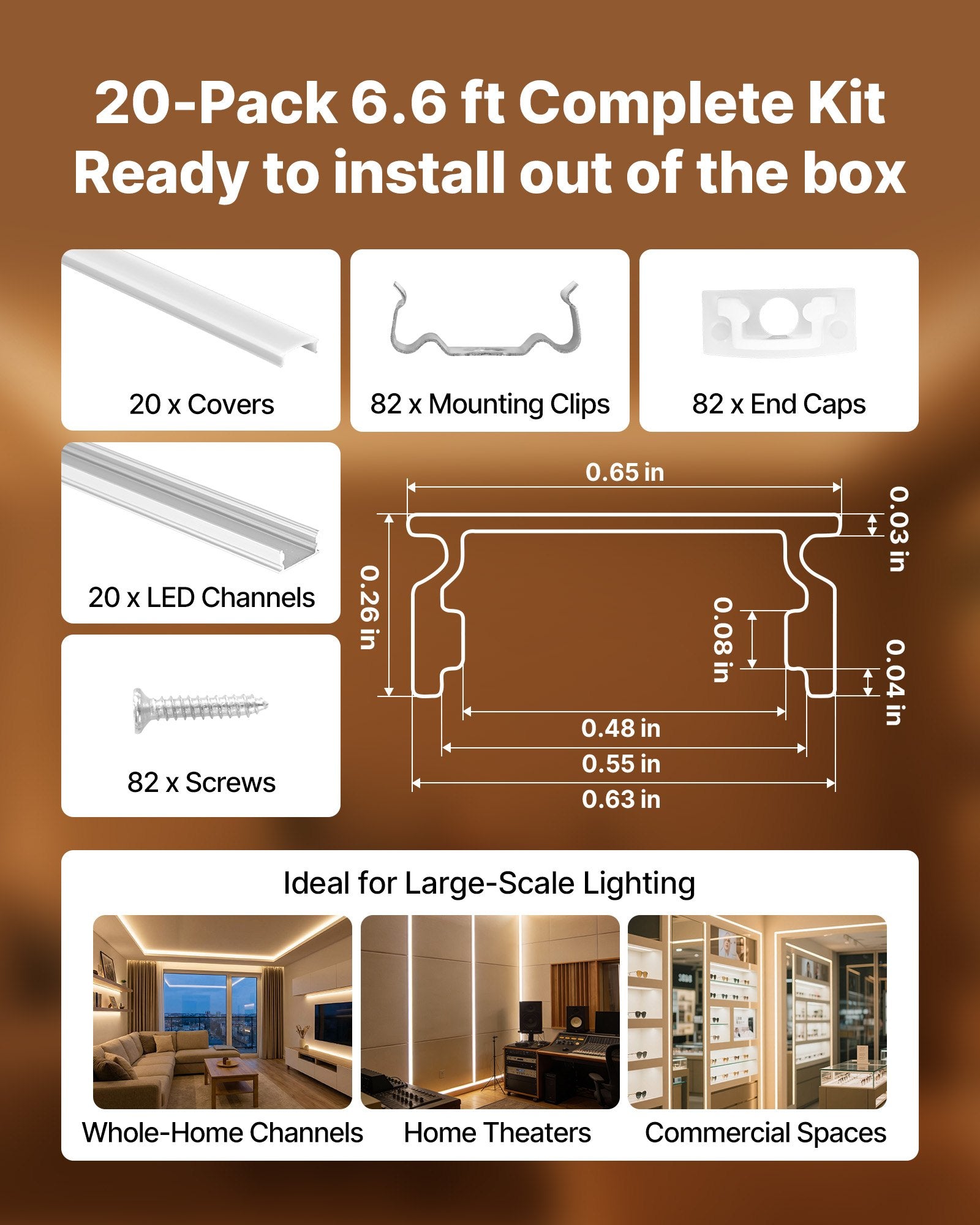 20-Pack 6.6 ft U-Shape LED Aluminum Channel with Milky Cover, End Caps, Mounting Clips - Ideal for LED Strip Light Installations, Under Cabinet Lighting, Glare-Free, Premium Aluminum, Easy Install, Versatile Design