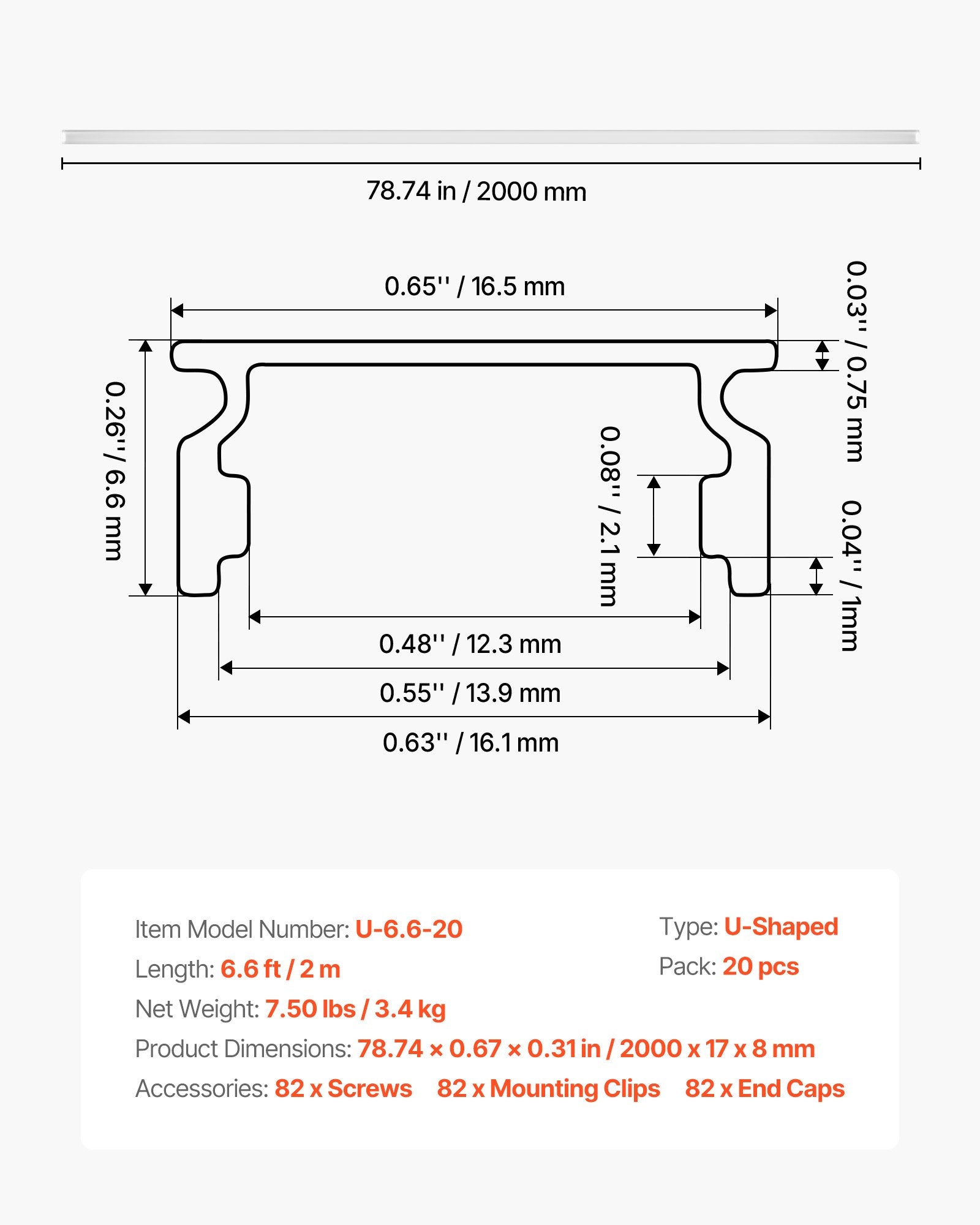 20-Pack 6.6 ft U-Shape LED Aluminum Channel with Milky Cover, End Caps, Mounting Clips - Ideal for LED Strip Light Installations, Under Cabinet Lighting, Glare-Free, Premium Aluminum, Easy Install, Versatile Design